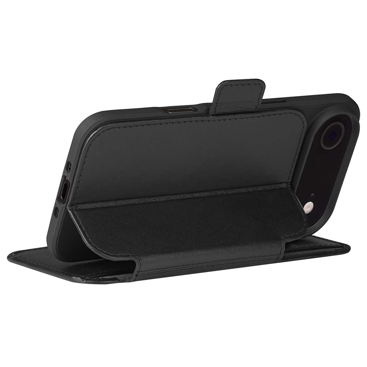 Custodia nera per telefono con telefono all'interno, aperta. La custodia è in similpelle con chiusura. La fotocamera del telefono è visibile.