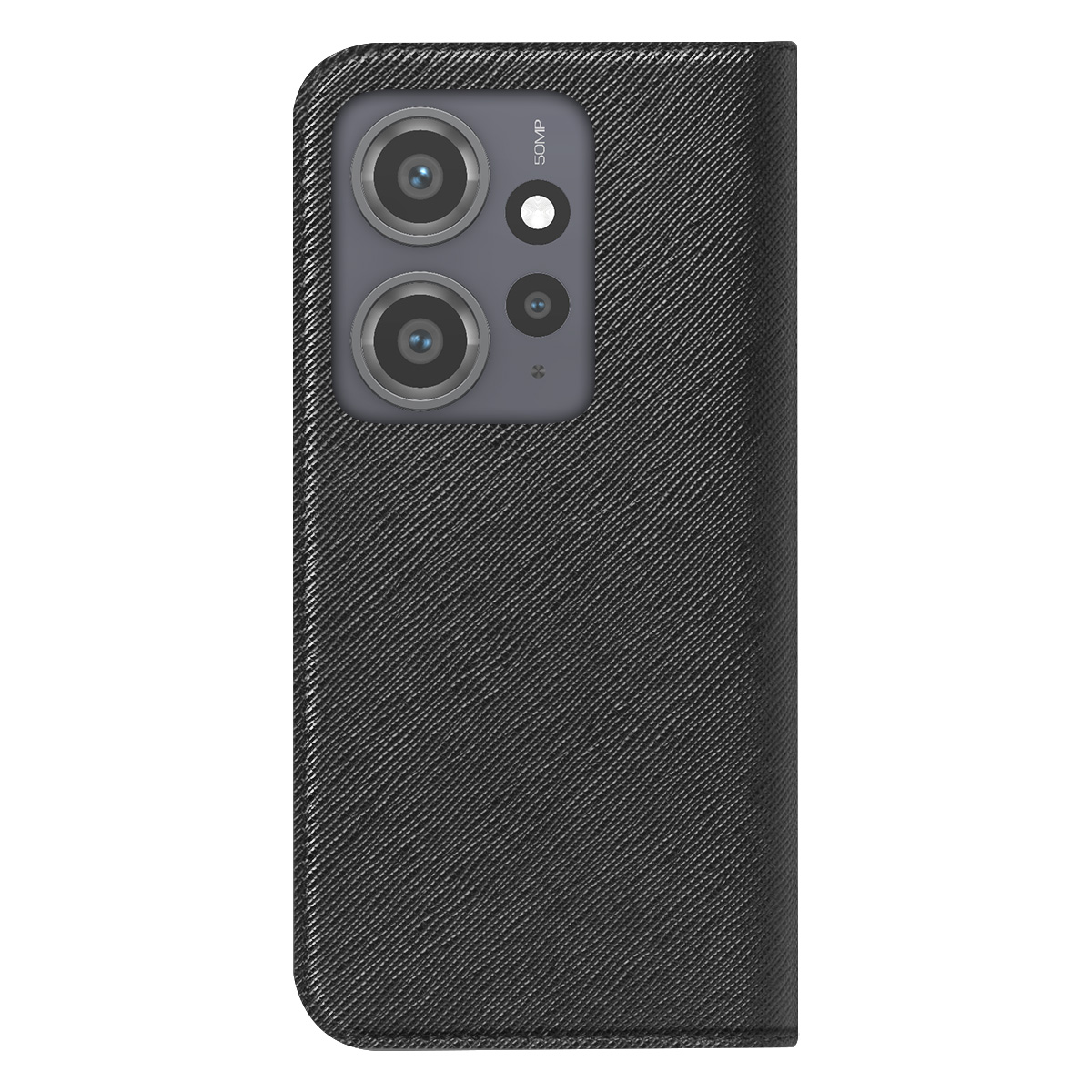 Una custodia nera per telefono con un modulo fotocamera. La custodia ha una superficie strutturata. Il modulo fotocamera ha più lenti e la scritta '50MP'.