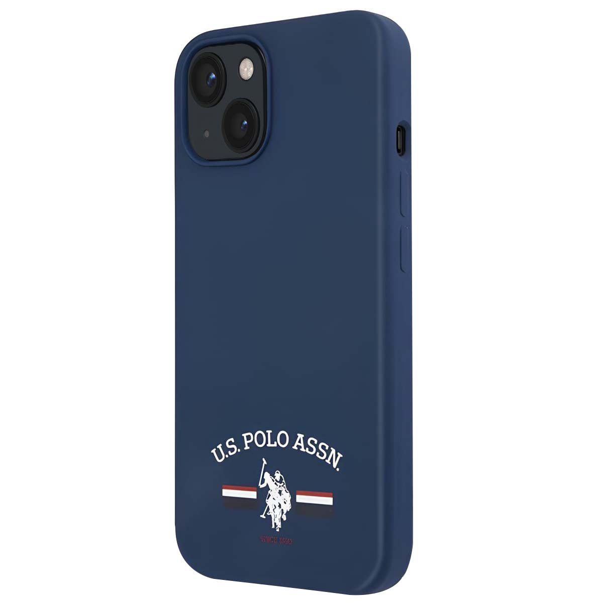Una custodia blu navy. Presenta il logo U.S. Polo Assn. e un telefono con doppia fotocamera. La custodia è liscia e solida.