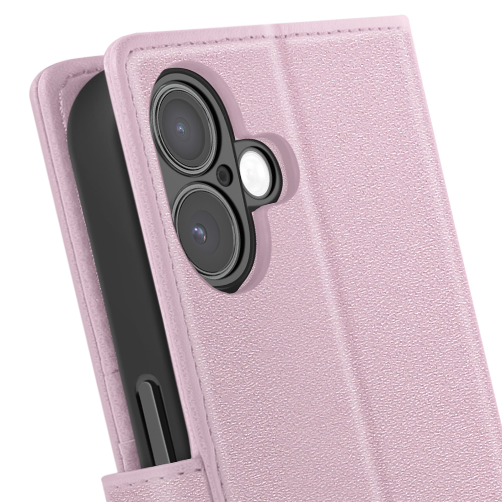 Gros plan sur un étui de téléphone rose avec un téléphone noir à l'intérieur. L'étui a une surface texturée et des lentilles de caméra.