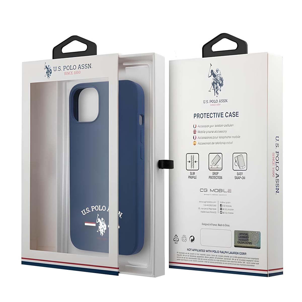 Una custodia per telefono in una scatola. La scatola è bianca con il logo U.S. Polo Assn. La custodia è blu.