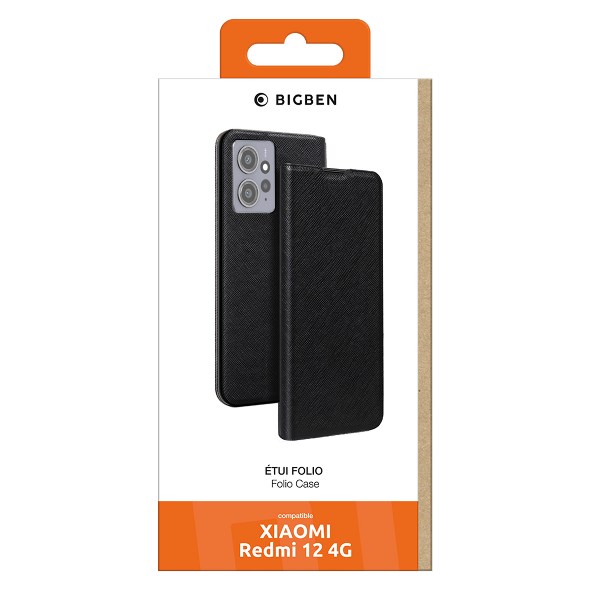 Una scatola di custodia per telefono mostra una custodia nera. La scatola ha il logo Bigben e il testo che indica che è per un Xiaomi Redmi 12 4G.