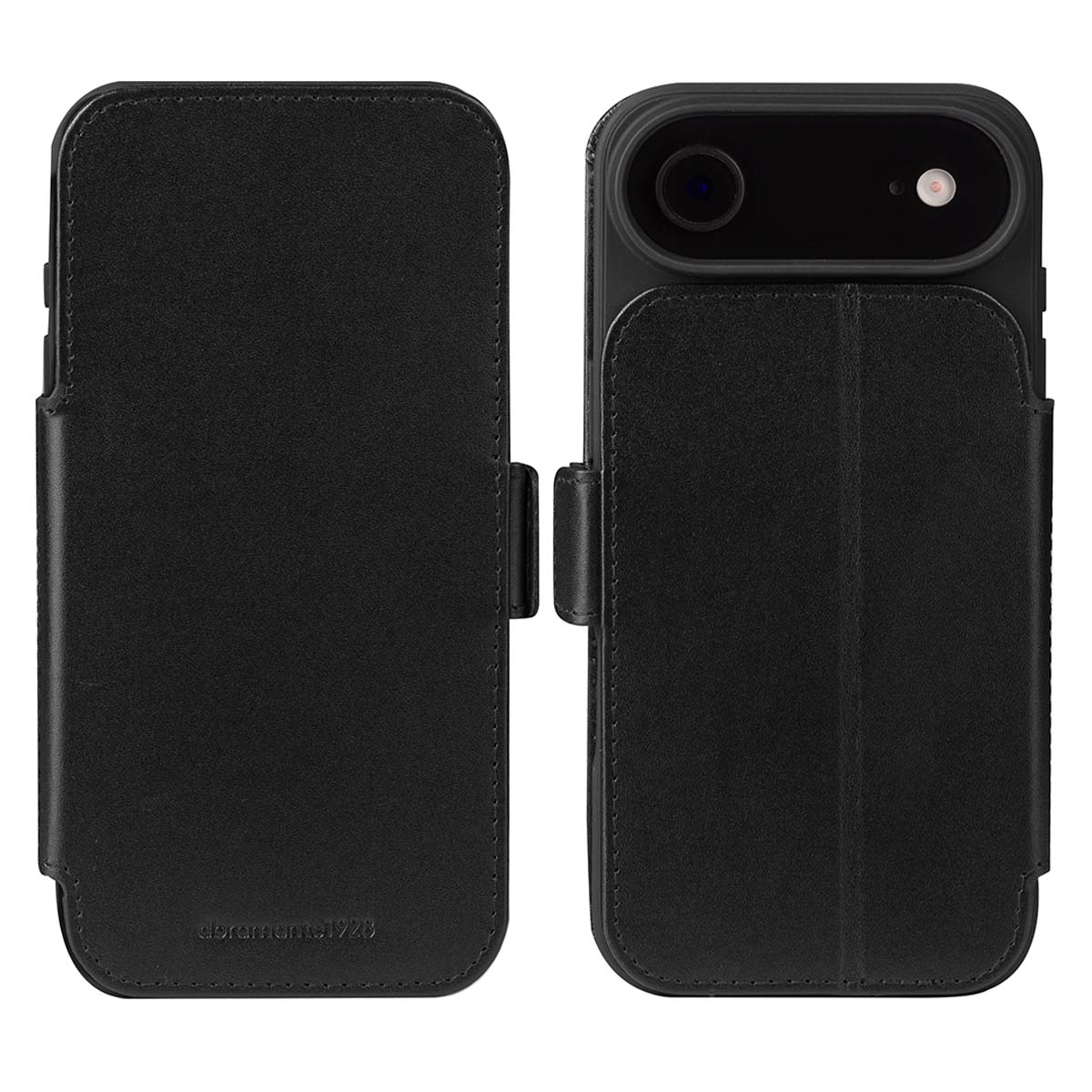 Custodia per telefono in pelle nera, aperta. Il telefono è sul lato destro. Il lato sinistro è una cover con il marchio.