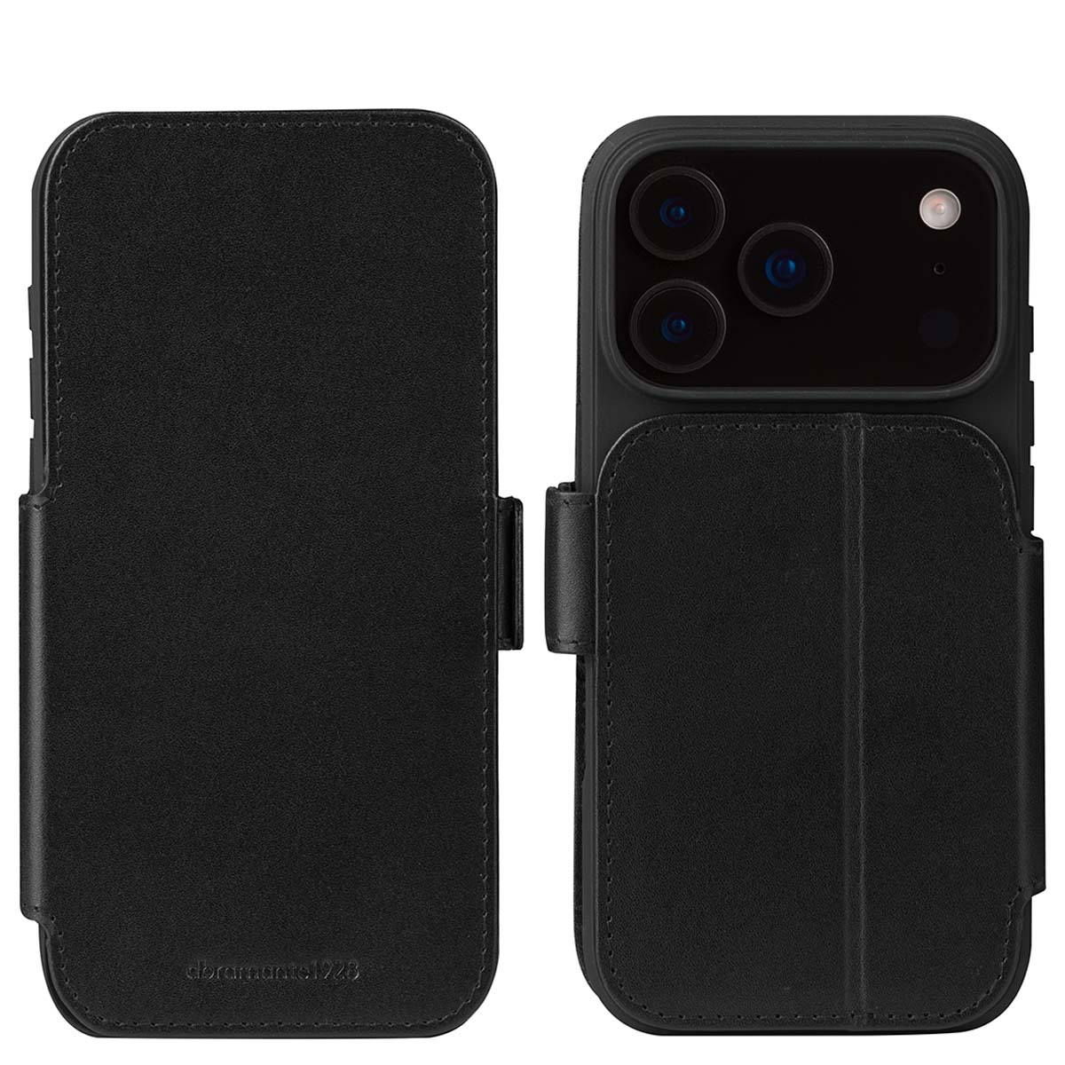 Custodia per telefono in pelle nera con telefono all'interno. La custodia è chiusa. Il telefono ha tre fotocamere.