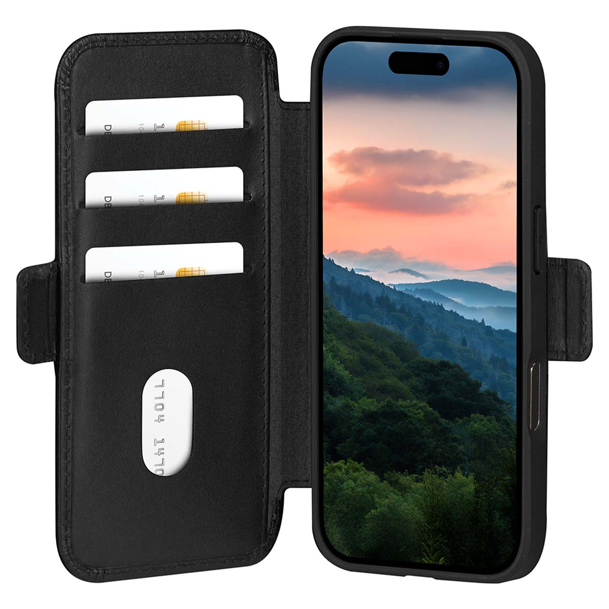 Una custodia nera per telefono con un telefono che mostra una scena di montagna. Le carte sono nella custodia. La custodia è aperta.