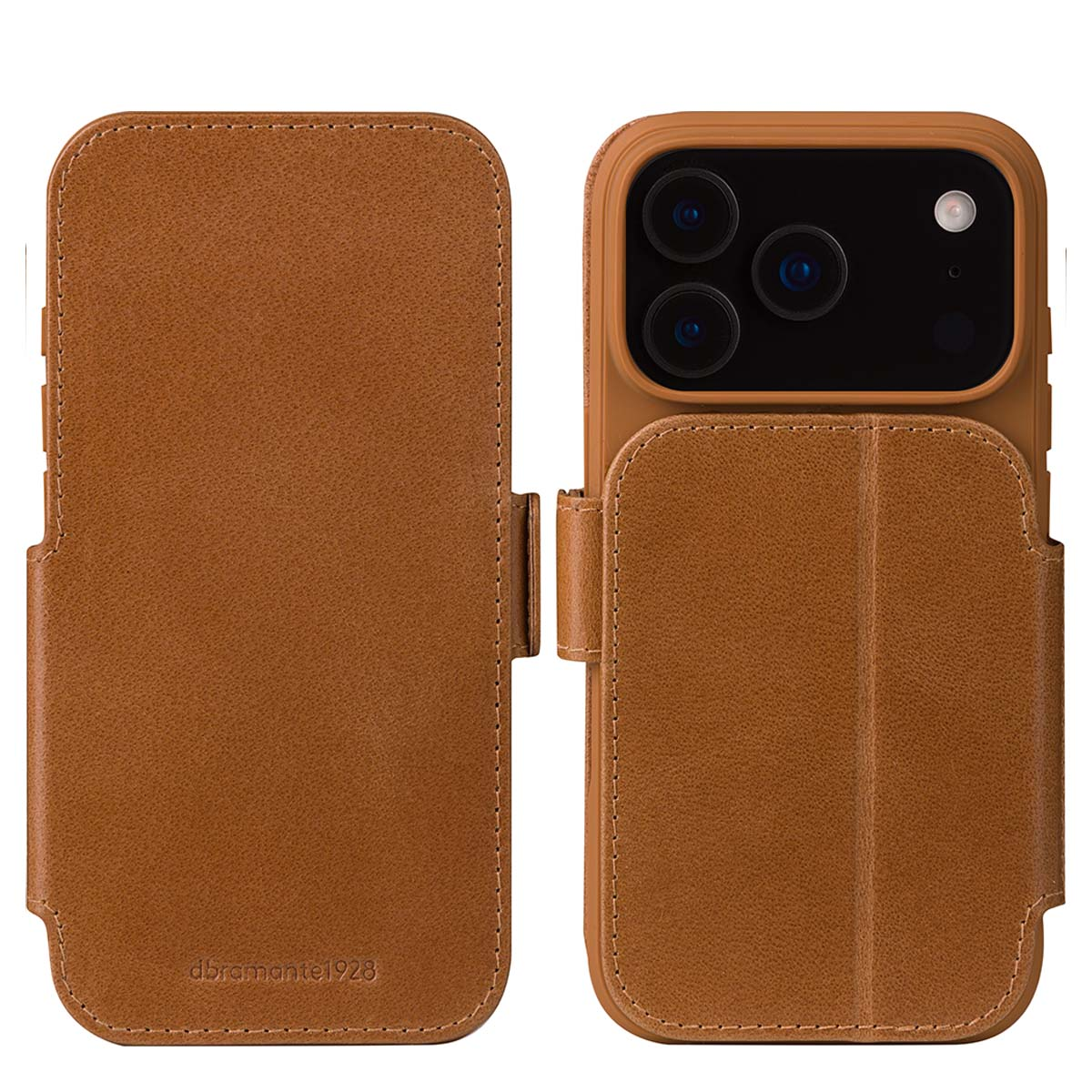 Una custodia per telefono in pelle marrone è aperta, rivelando il telefono. La custodia è cucita e ha una chiusura magnetica.