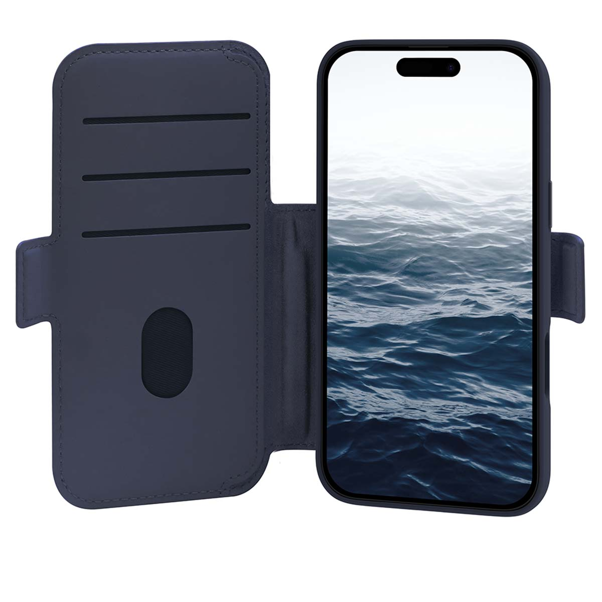 Una custodia blu scuro aperta, che rivela un telefono con un'immagine d'acqua. La custodia ha fessure per carte.