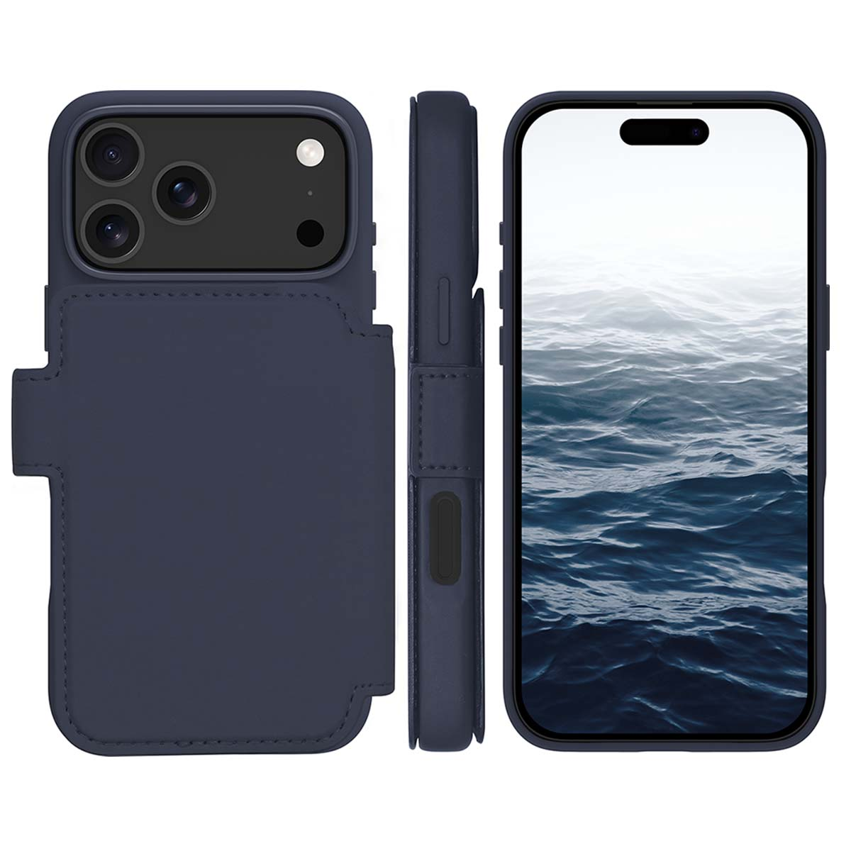 Una custodia blu navy per telefono è mostrata da diverse angolazioni. Un lato mostra la fotocamera del telefono, l'altro lo schermo con un'immagine d'acqua.