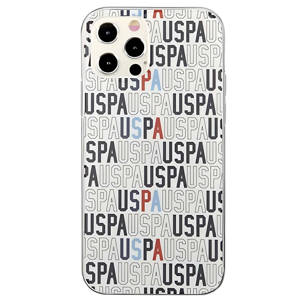 Una cover per telefono con un motivo ripetuto della parola 'SPAUSPAU' in contorno nero, con alcune lettere rosse e blu.
