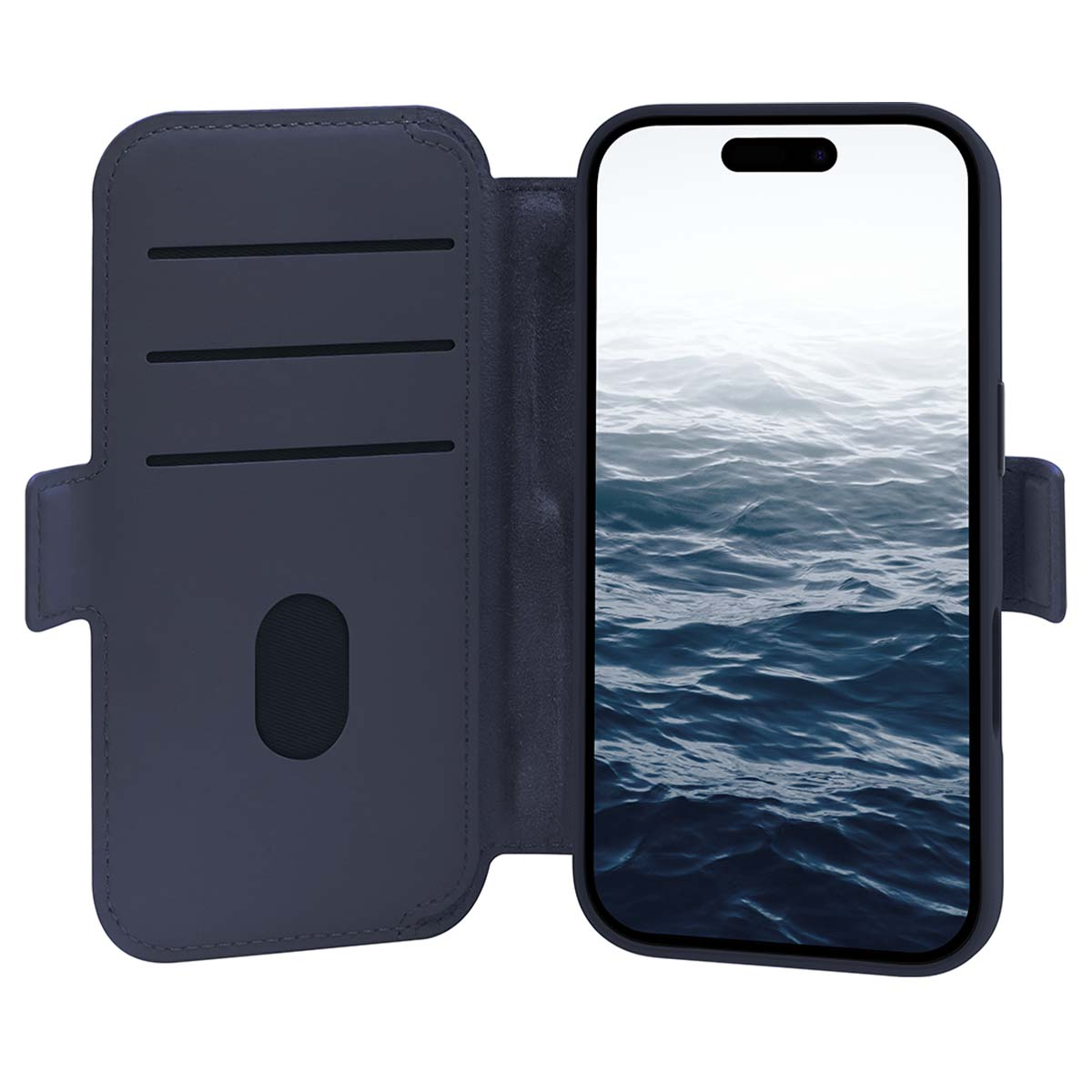 Una custodia per telefono blu navy con scomparti per carte, aperta per rivelare un telefono che mostra un'immagine di oceano ondulato sullo schermo.