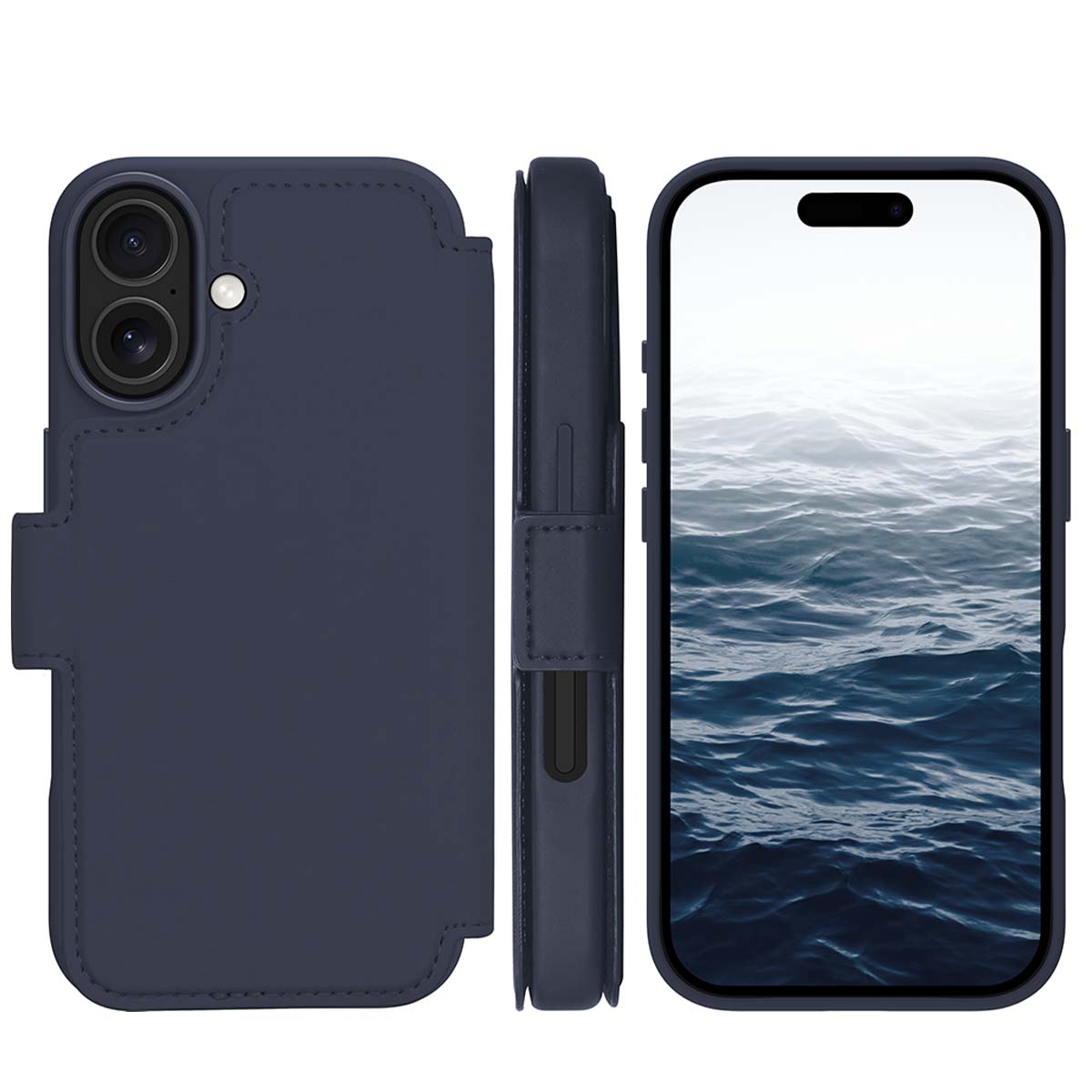 Un étui de téléphone bleu marine, ouvert, à côté du téléphone. L'écran montre une surface d'eau.