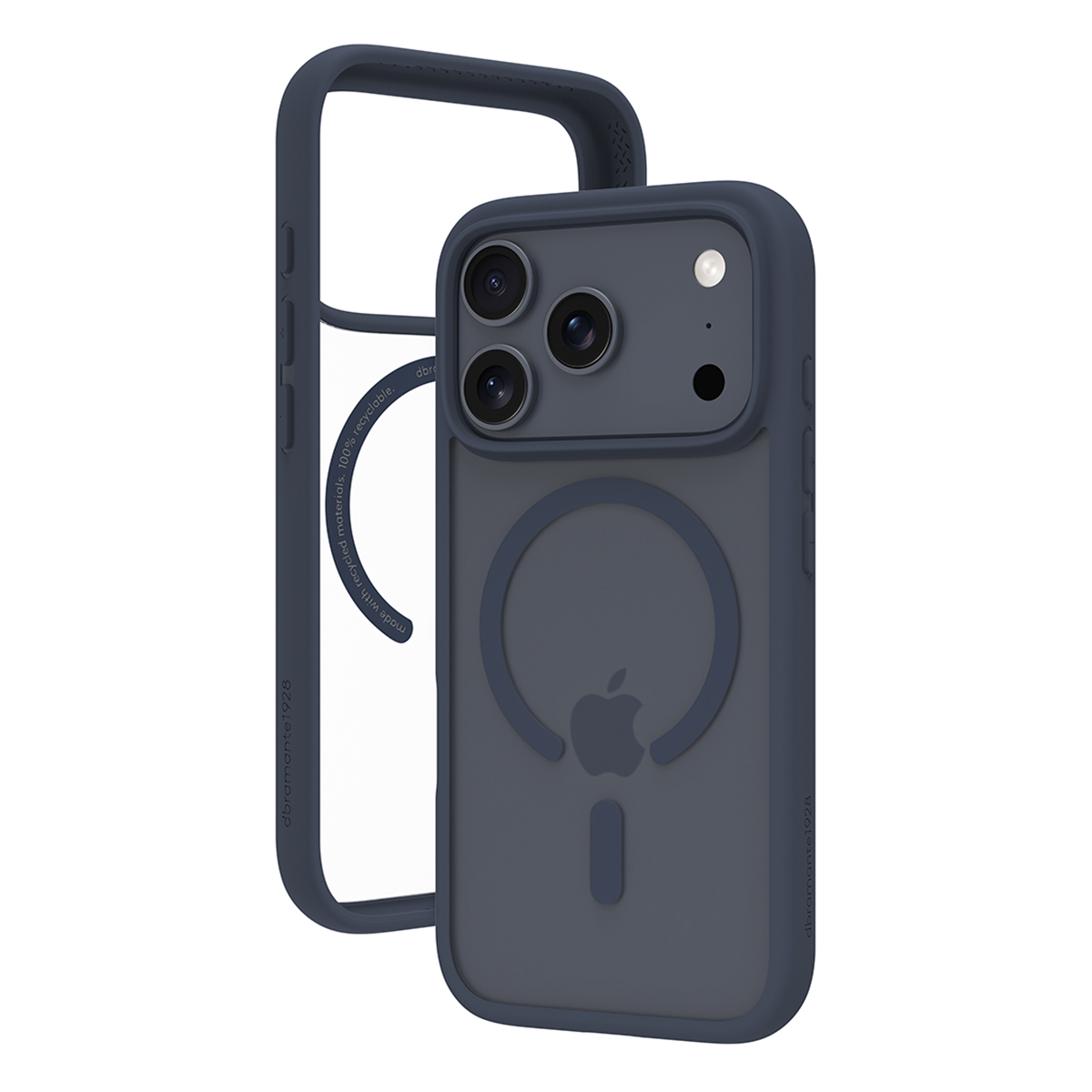 Custodia iPhone blu scuro con cornice trasparente. Ha tre lenti della fotocamera e un logo Apple. La custodia è realizzata con materiali riciclati.