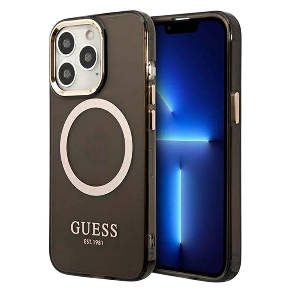 Un telefono in una custodia Guess. La custodia è scura con un anello dorato e la scritta GUESS. Lo schermo del telefono è blu.