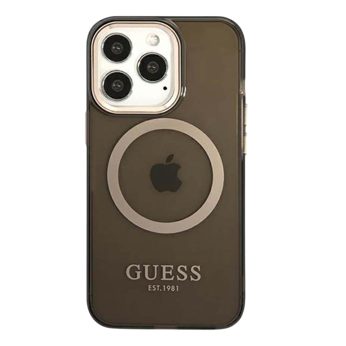 Una custodia per telefono con logo Guess e logo Apple. La custodia è marrone con un anello dorato attorno alla fotocamera e sfondo bianco.