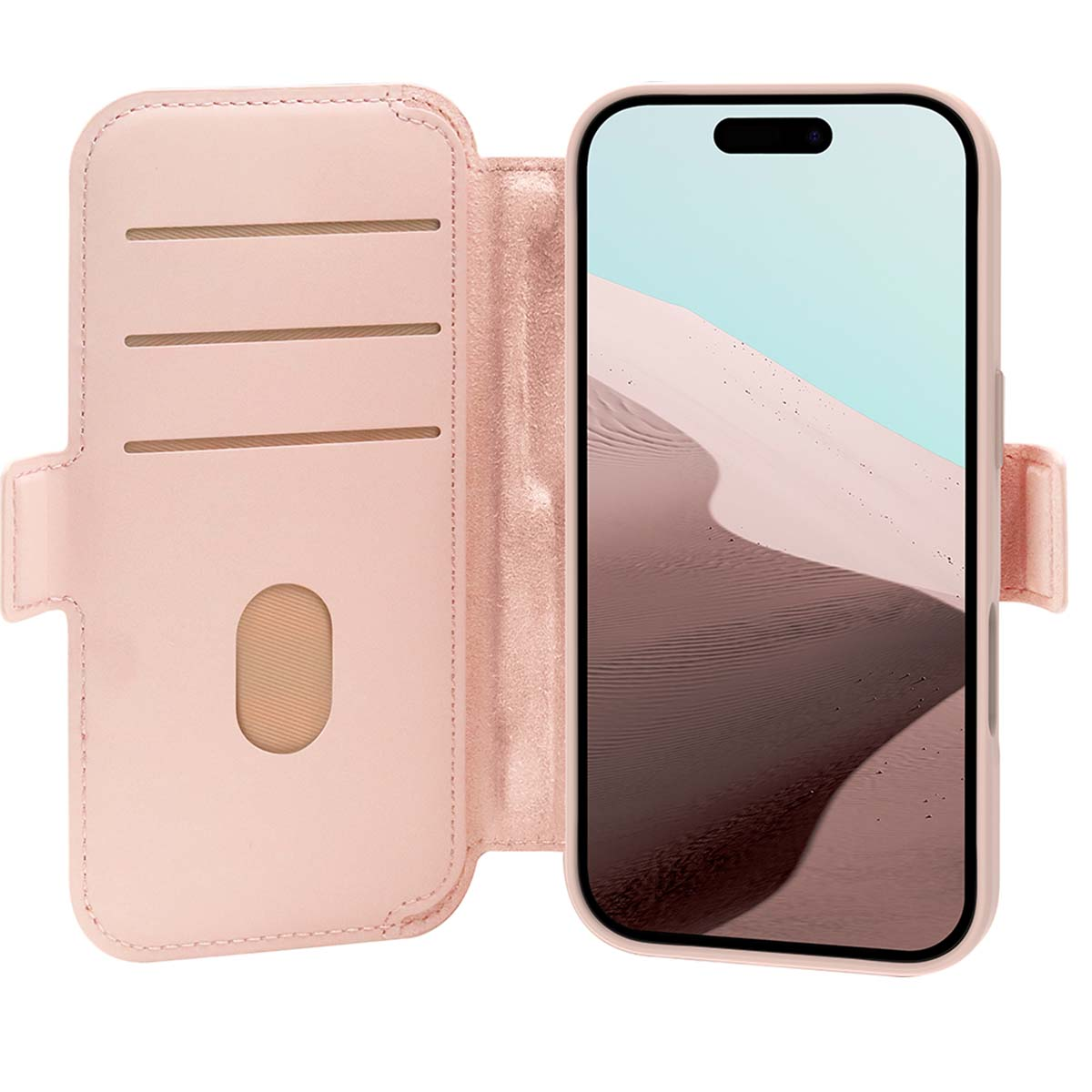 Custodia per telefono in pelle rosa aperta, con telefono inserito. Il telefono mostra un paesaggio desertico.