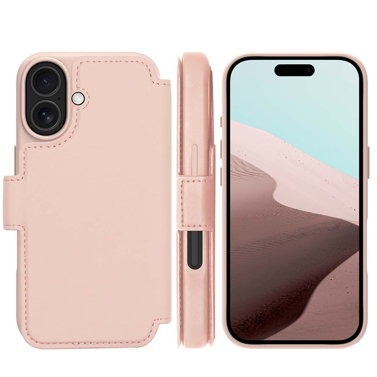 Custodia e telefono rosa. La custodia ha ritagli per la fotocamera e un lembo. Il telefono mostra un paesaggio desertico.