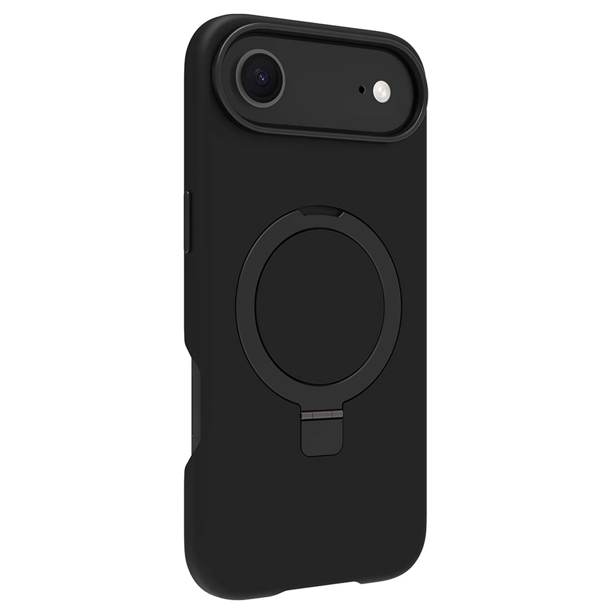 Custodia per telefono nera con fotocamera e supporto ad anello. La custodia ha un ritaglio per la fotocamera, un supporto ad anello e si trova su sfondo bianco.