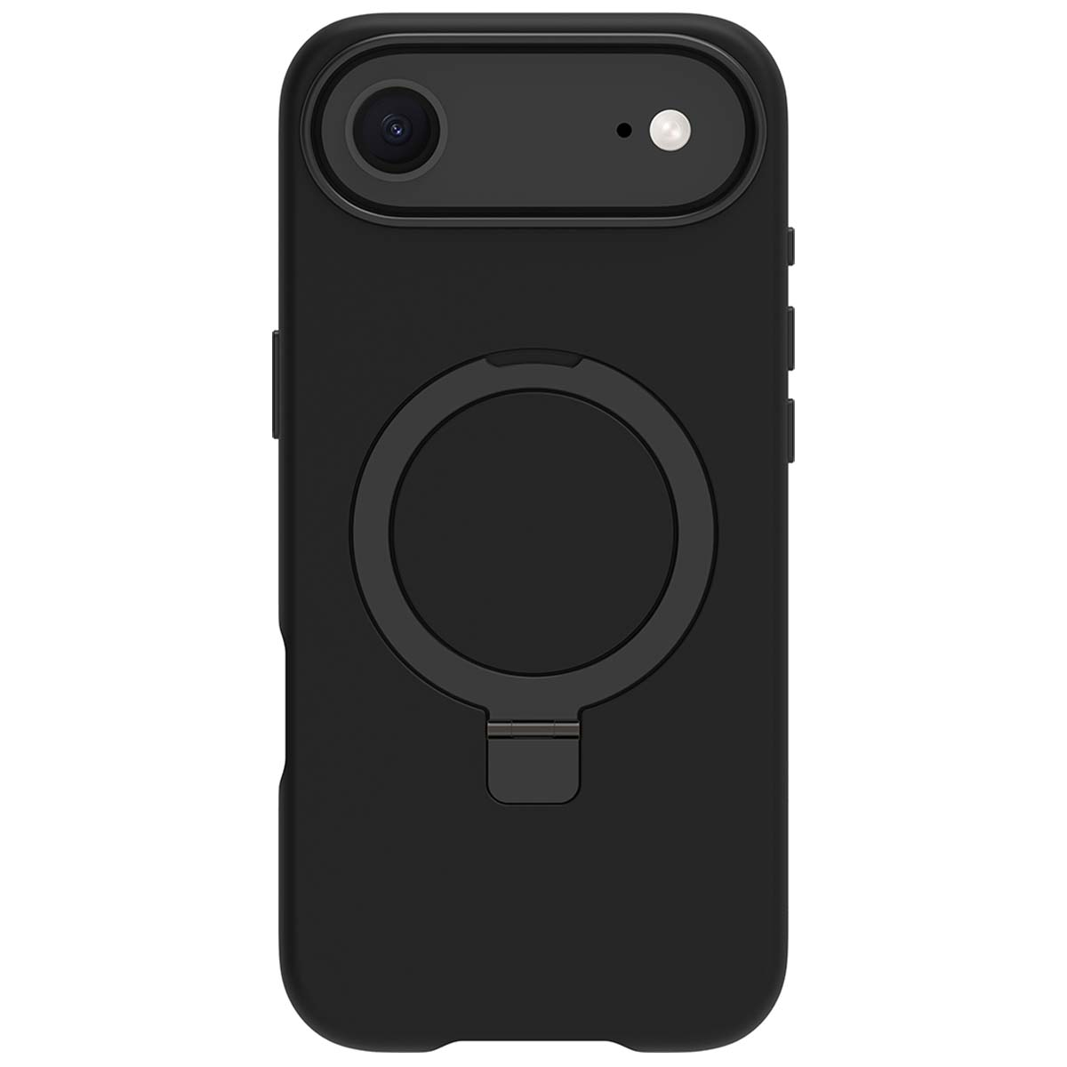 Una custodia nera per telefono con anello. Ha fori per la fotocamera in alto.