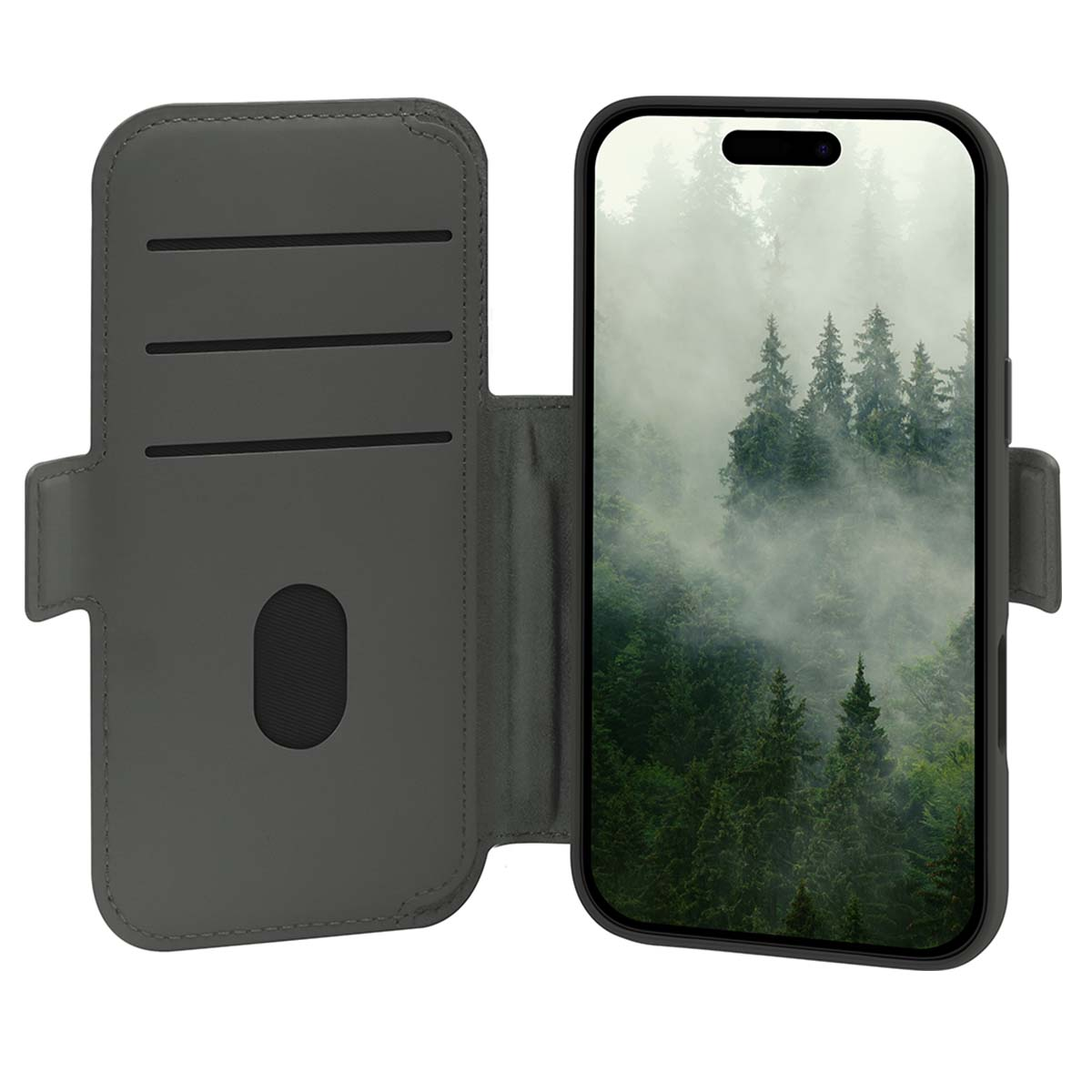 Uno smartphone in una custodia a portafoglio grigia mostra una scena di foresta nebbiosa.