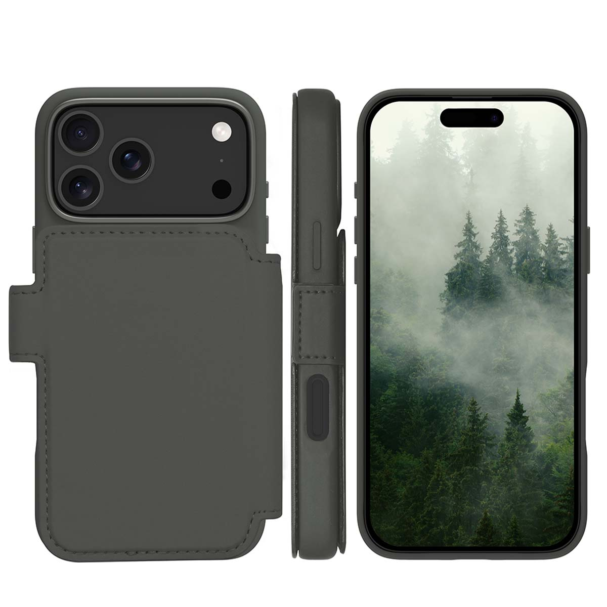 Un étui de téléphone gris avec un téléphone. L'écran affiche une forêt. L'étui a un porte-cartes.