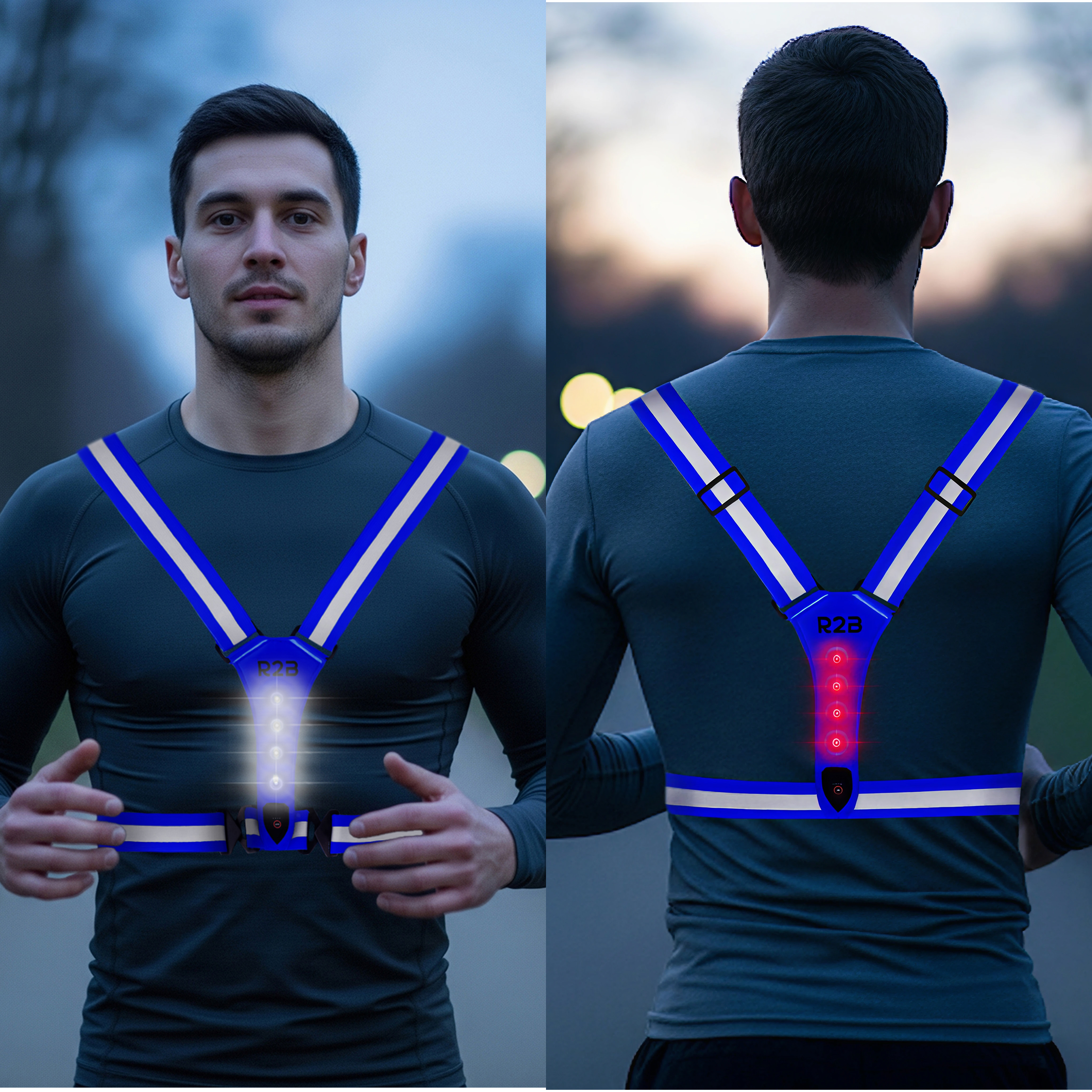 A man wearing a reflective vest with lights. The vest has blue and white stripes.