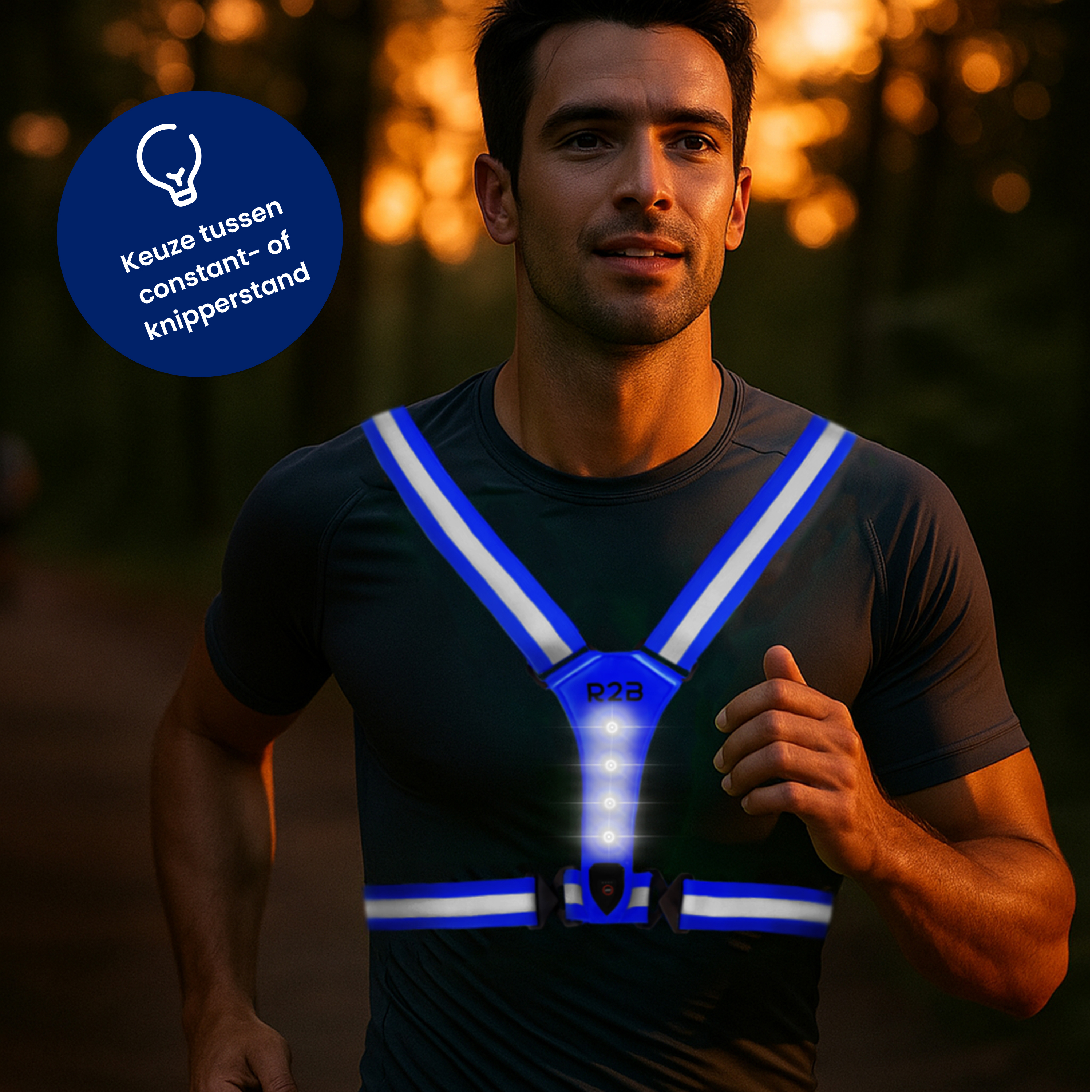 Man wearing reflective vest running outdoors. Blue and white stripes on the vest. Warm sunlight in the background.