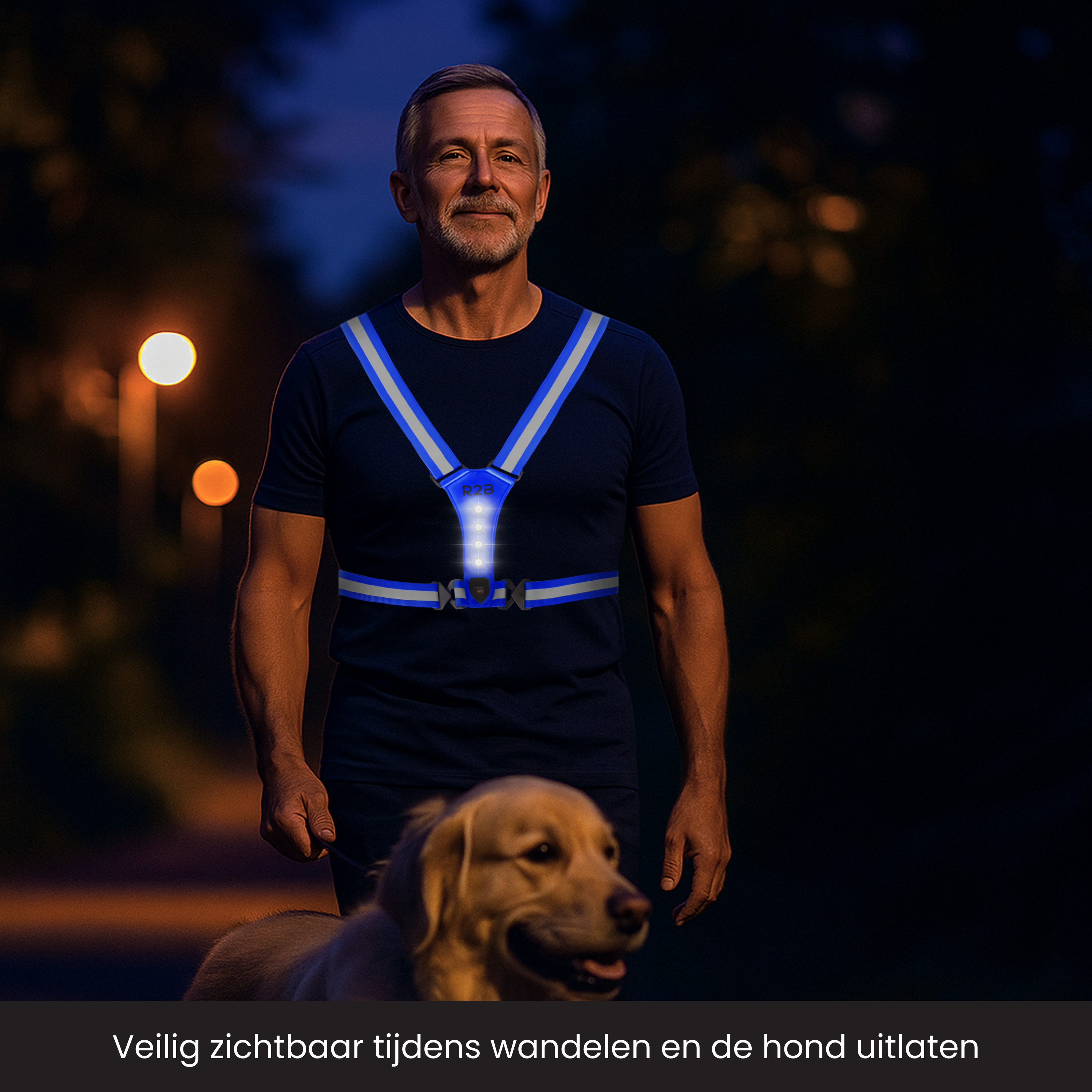 Man walking with a dog at night, wearing a luminous vest. The vest has a blue and white design.