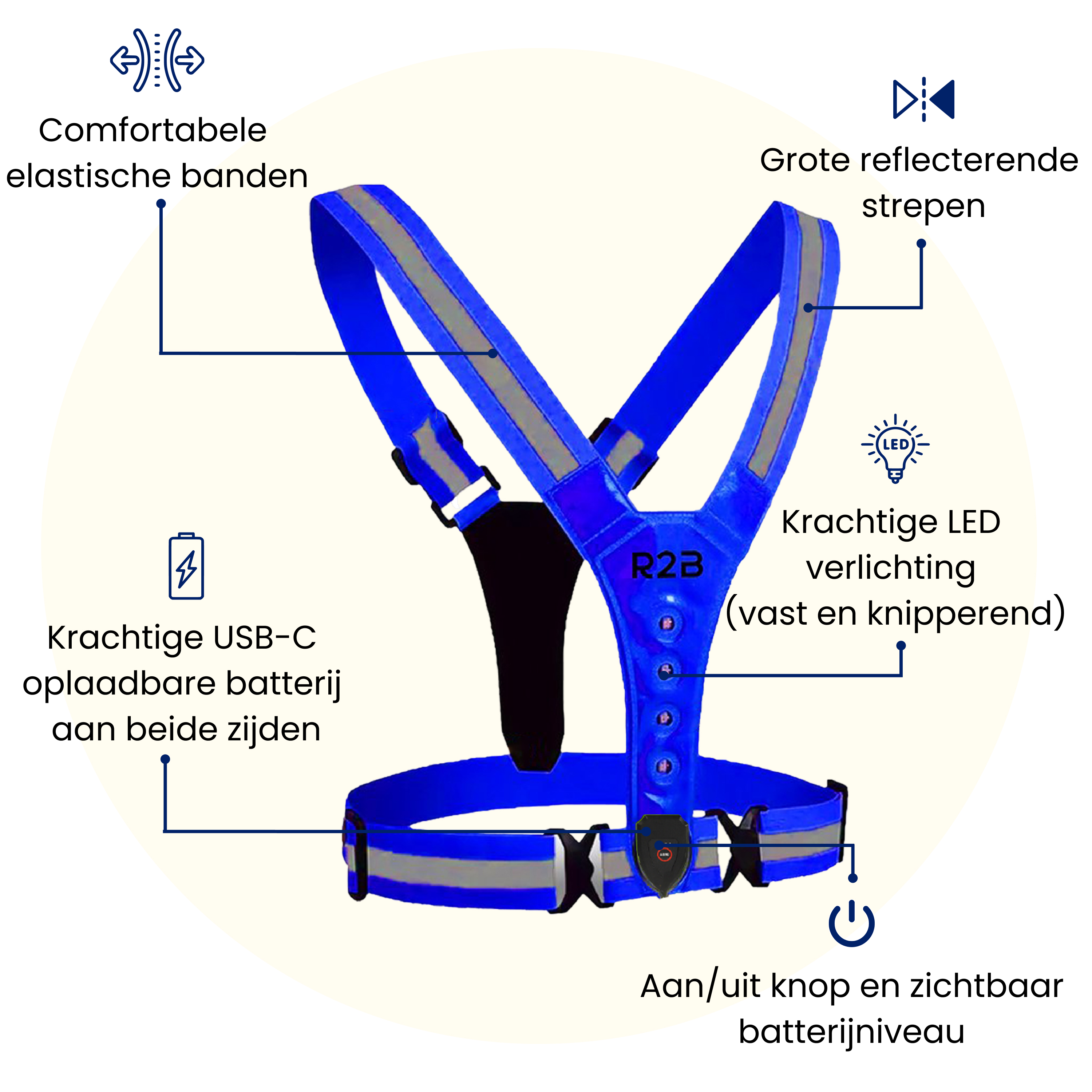 A blue and black reflective vest with LED lights, USB-C charging, and on/off button.