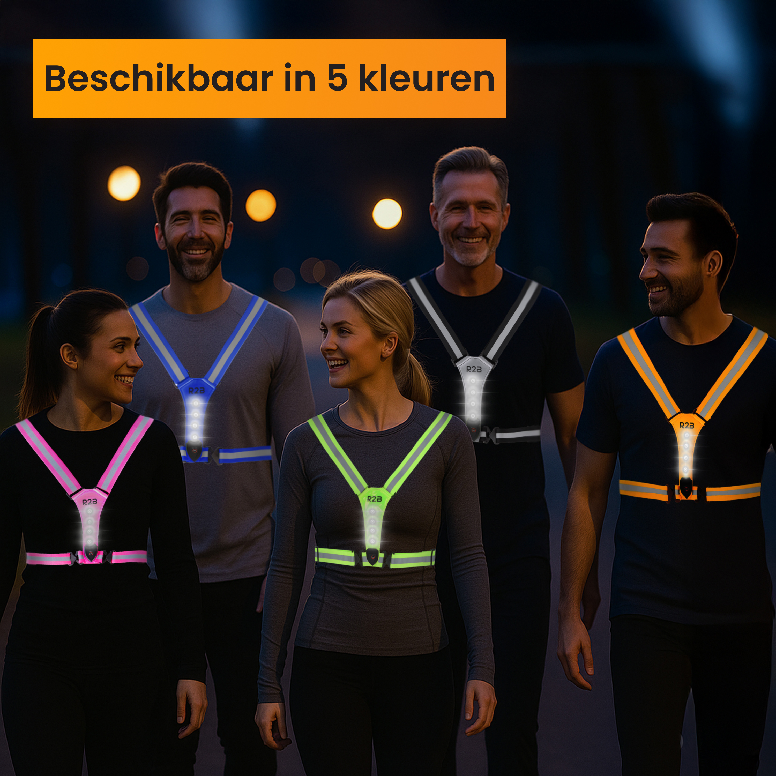 Five people wearing reflective vests with lights. Background shows lights and text 'Available in 5 colors'.