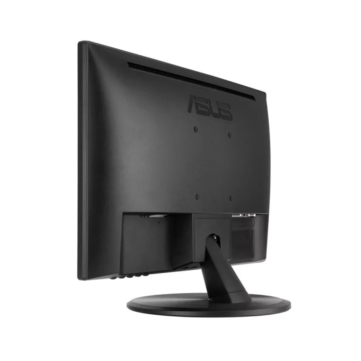 Schwarzer ASUS-Monitor. Die Rückseite des Bildschirms ist sichtbar. Es hat einen Ständer und einen runden Fuß. Das ASUS-Logo ist auf dem Bildschirm.