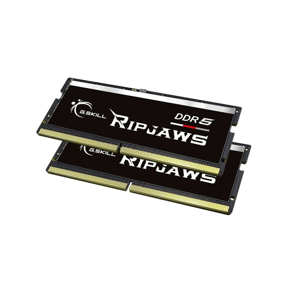 Dwa czarne moduły RAM G.SKILL Ripjaws DDR5 na białym tle. Każdy ma złote złącza i biały tekst.