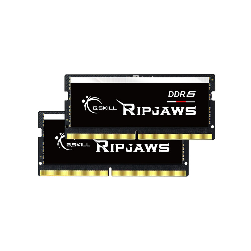 Dwa czarne moduły RAM DDR5 z logo Ripjaws. Złote złącza na dole. Tło jest białe.