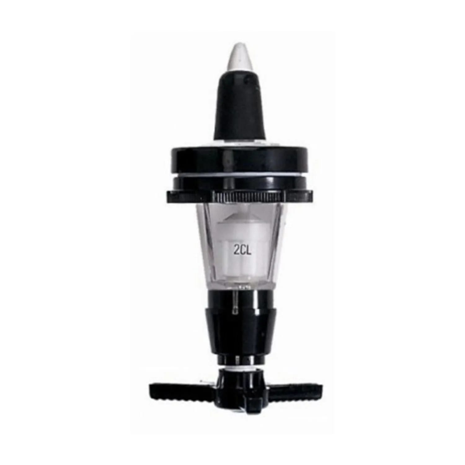 Un versatore di liquore nero e trasparente con sfondo bianco. Ha una parte superiore conica e una camera di misurazione trasparente.