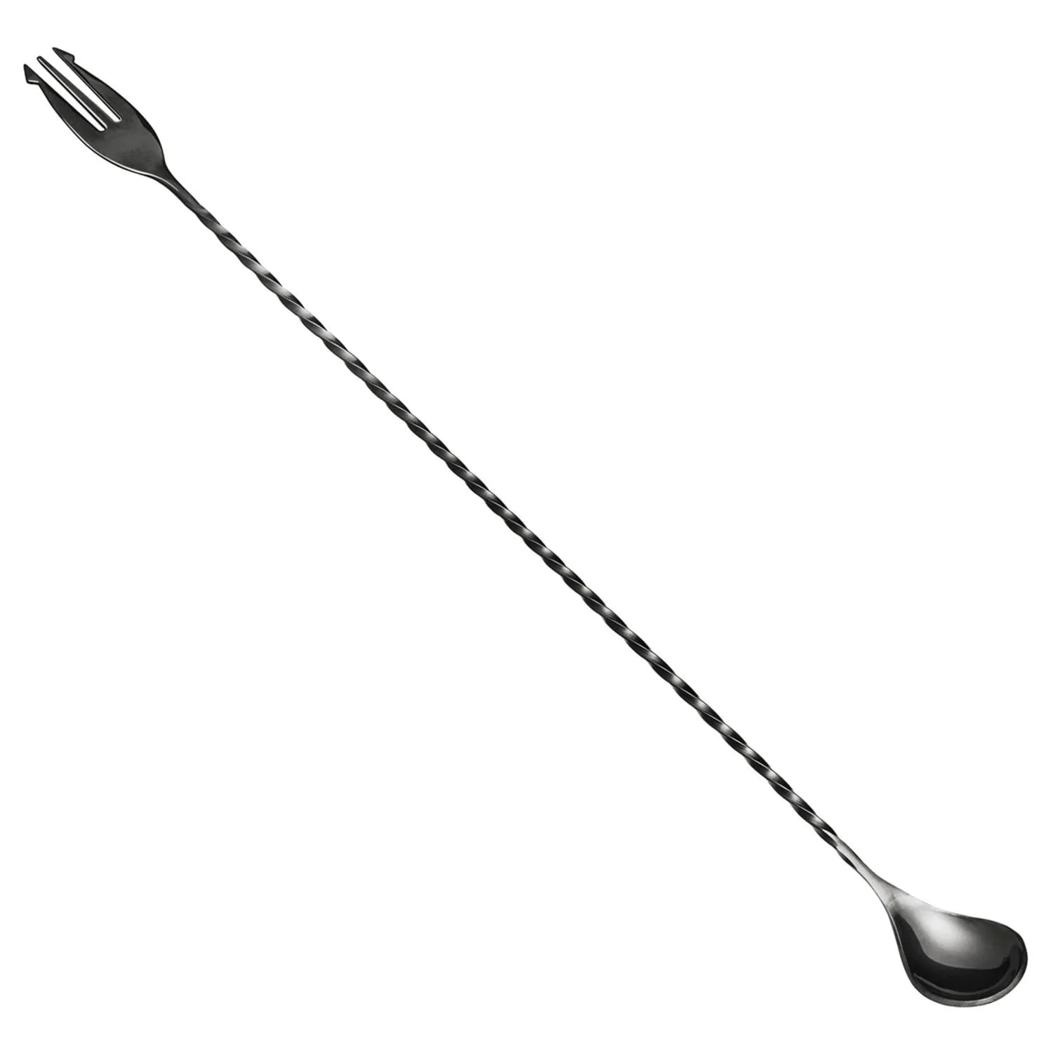 Un lungo cucchiaio da cocktail argentato con una forchetta da un lato e un cucchiaio dall'altro. È posto diagonalmente su sfondo bianco.