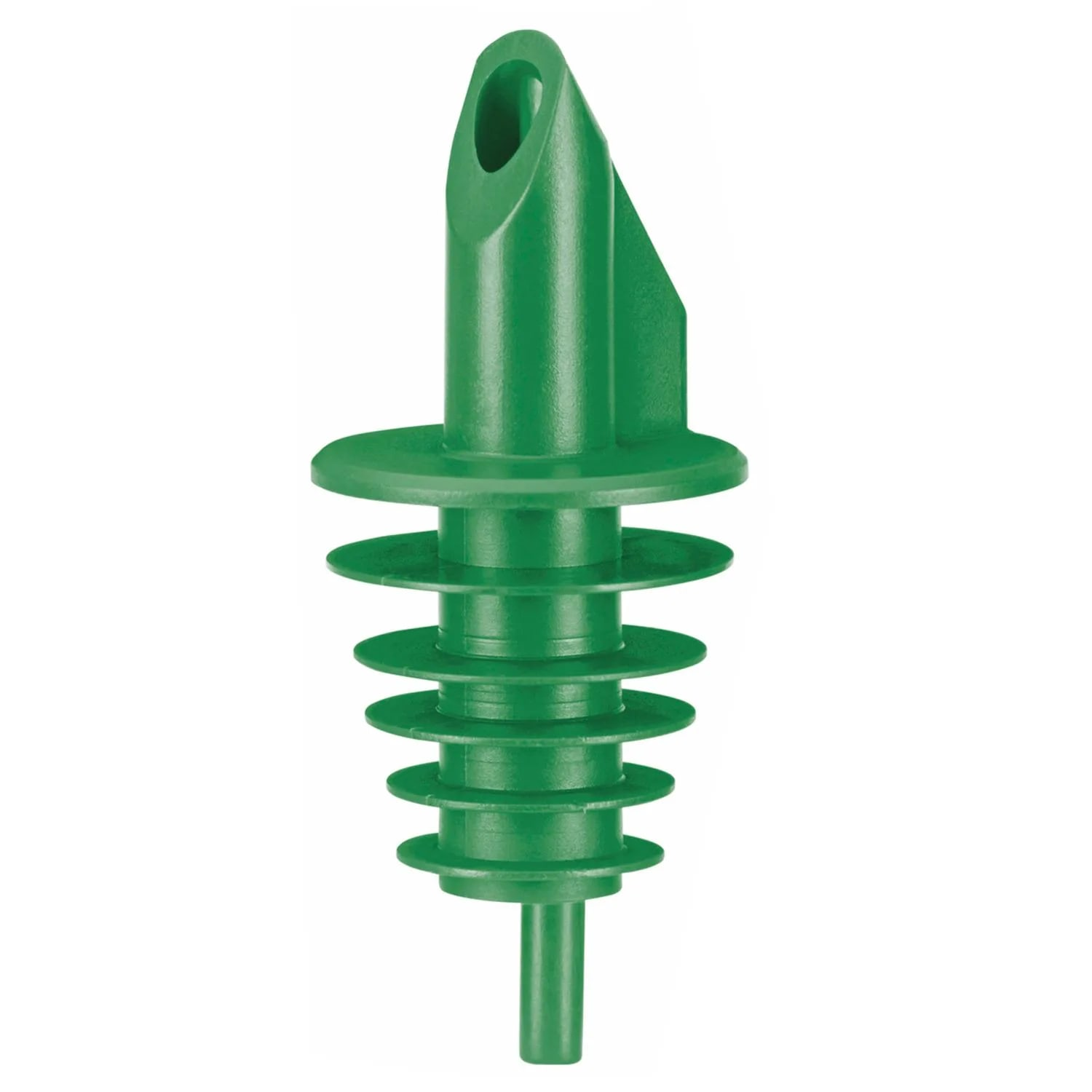 Versatore per liquori in plastica verde. Ha un beccuccio, sezioni rotonde a forma di disco e un gambo stretto. Sfondo bianco.