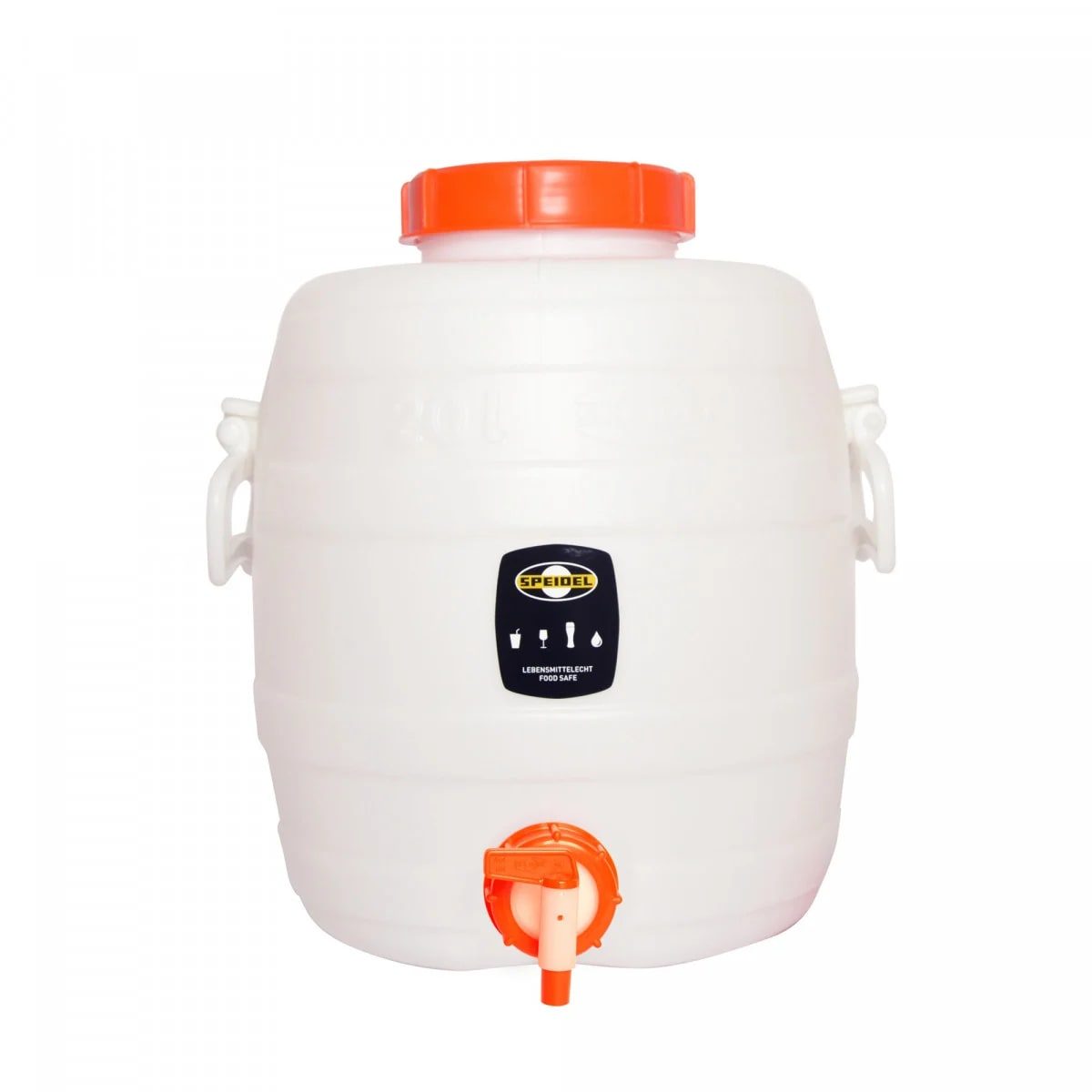 Barile di plastica bianca con coperchio e rubinetto arancione. Un'etichetta indica che è per alimenti. Maniglie laterali.