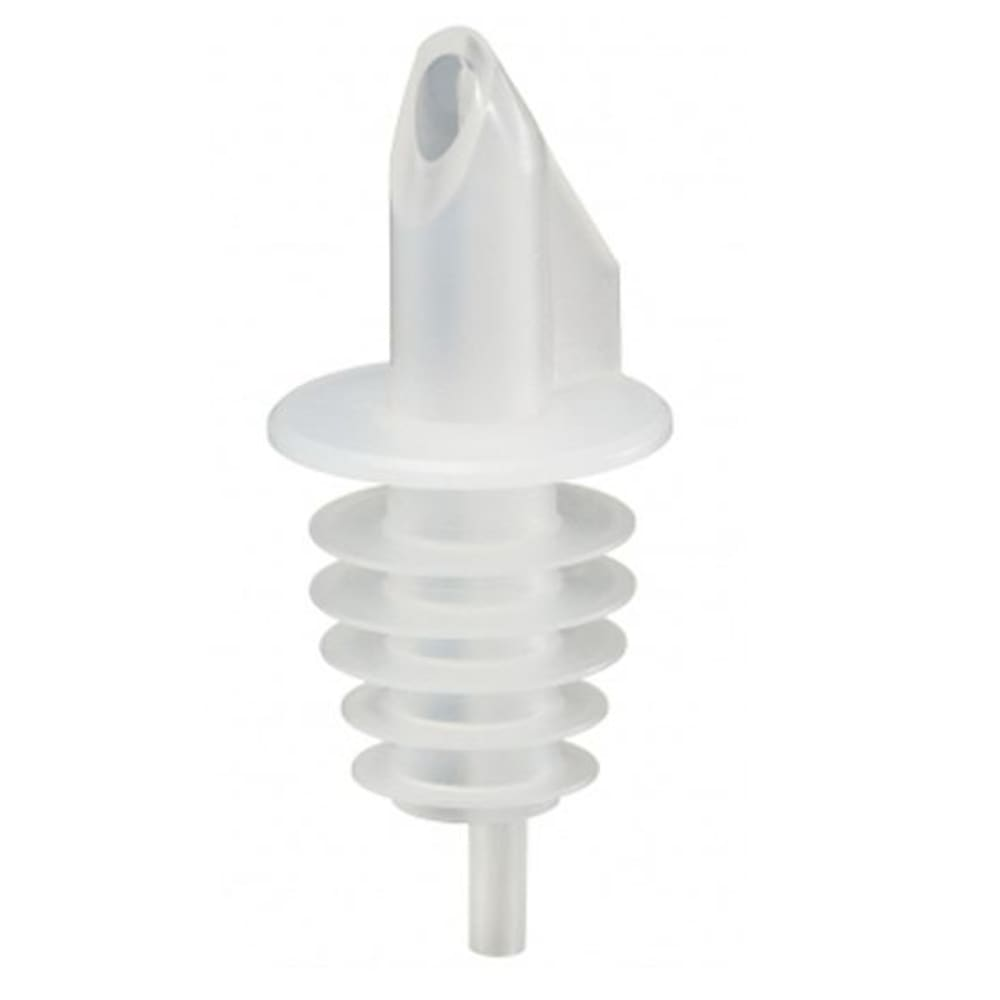 Un beccuccio per versare liquori in plastica trasparente. Ha una parte superiore affusolata con un'apertura ovale. Il corpo è cilindrico con anelli impilati.