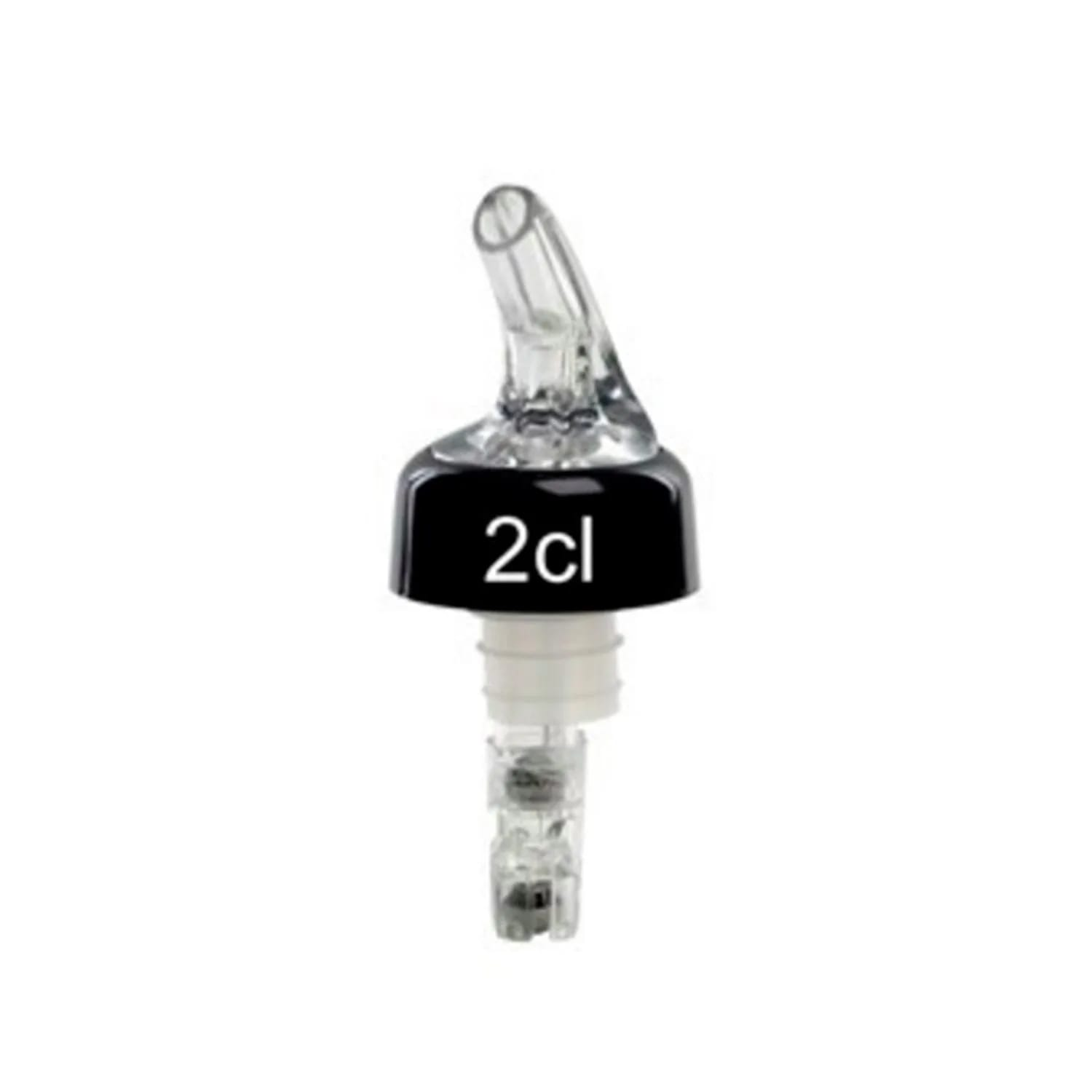 Un versatore di liquore in plastica trasparente con un coperchio nero. Il coperchio ha la scritta '2cl'. Il versatore è su sfondo bianco.