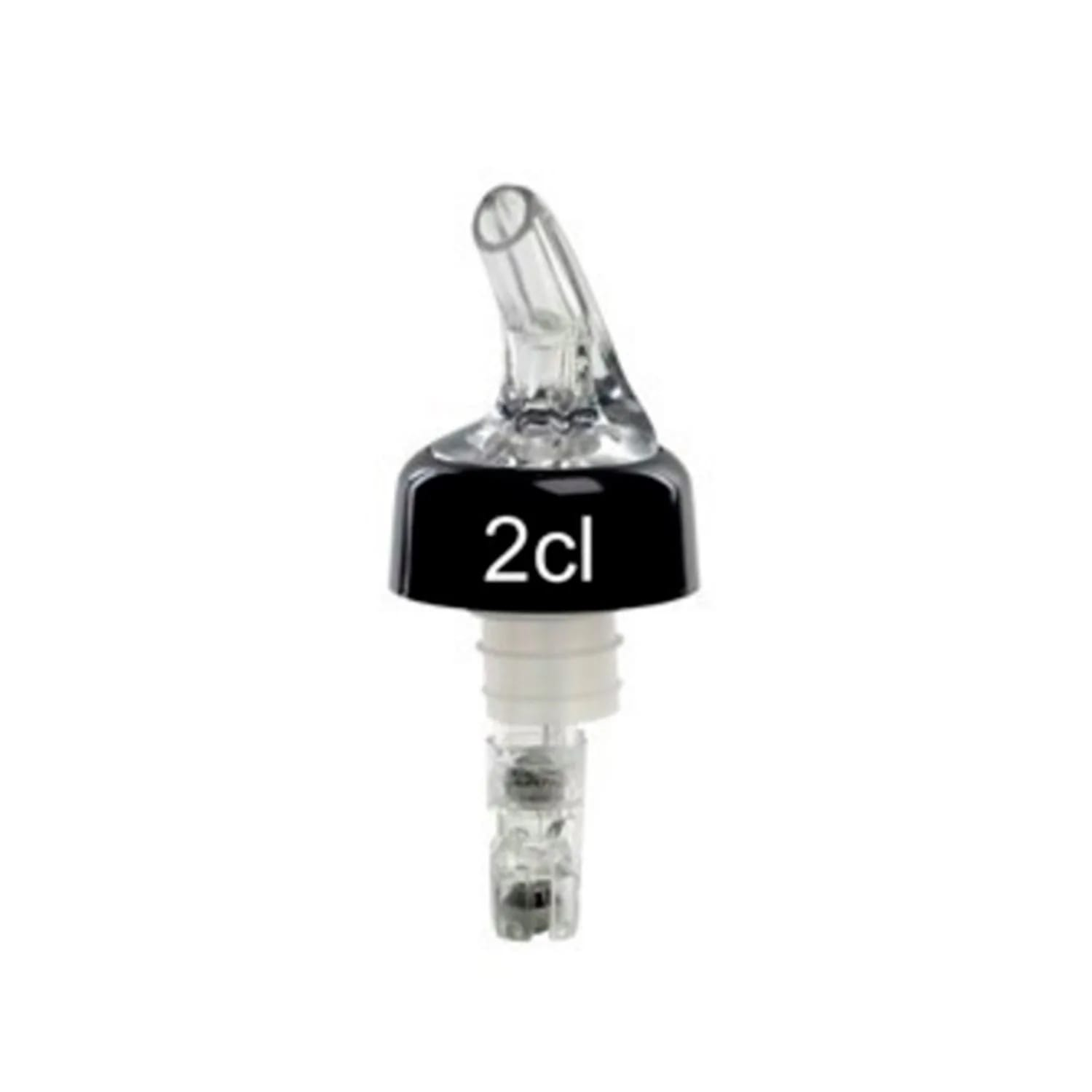 Un versatore di liquore in plastica trasparente con un tappo nero che recita '2cl'. Il versatore è su sfondo bianco.