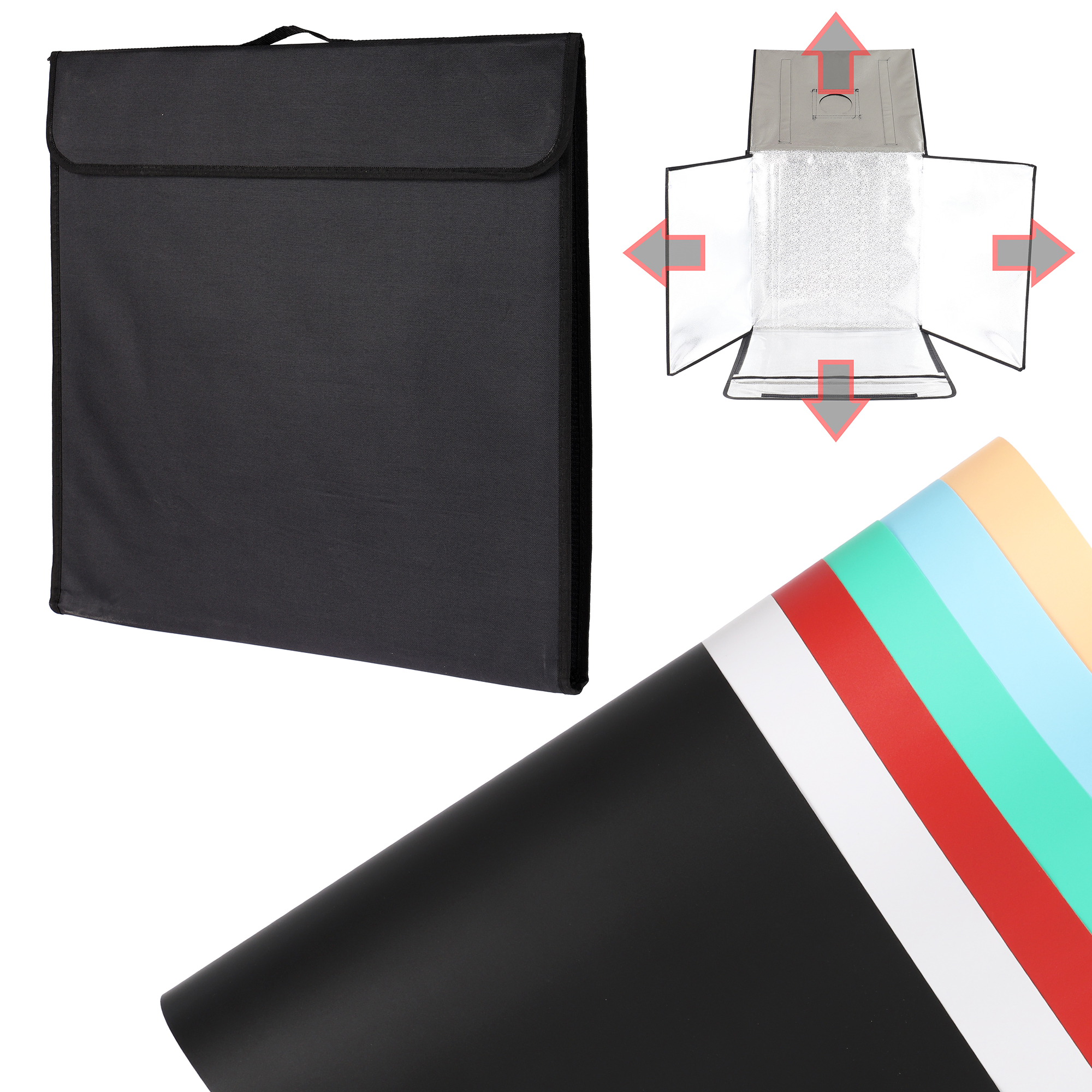 Eine schwarze Tasche, ein Studiolicht und farbige Hintergründe vor weißem Hintergrund.