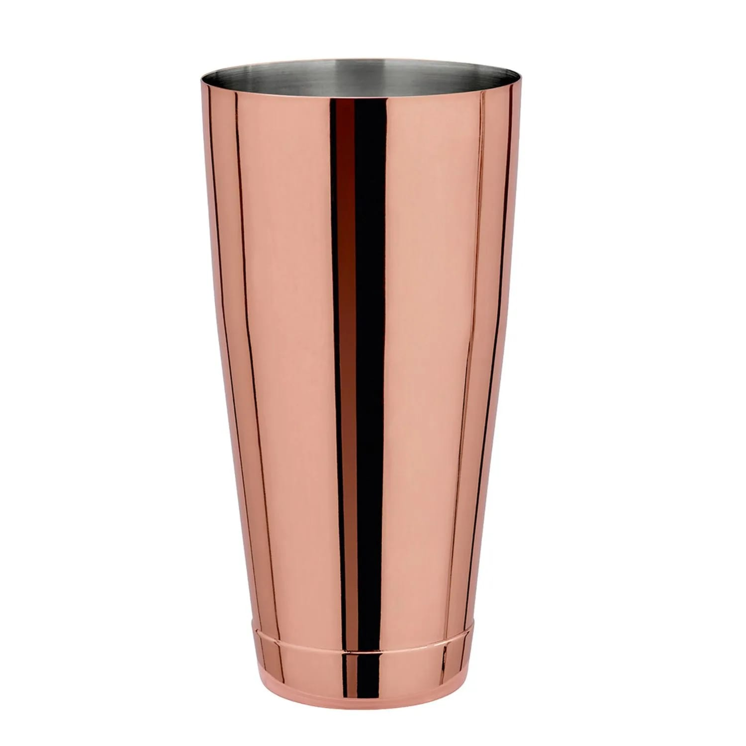 Uno shaker per cocktail color rame. È alto, cilindrico e leggermente affusolato. L'interno è in acciaio inossidabile.