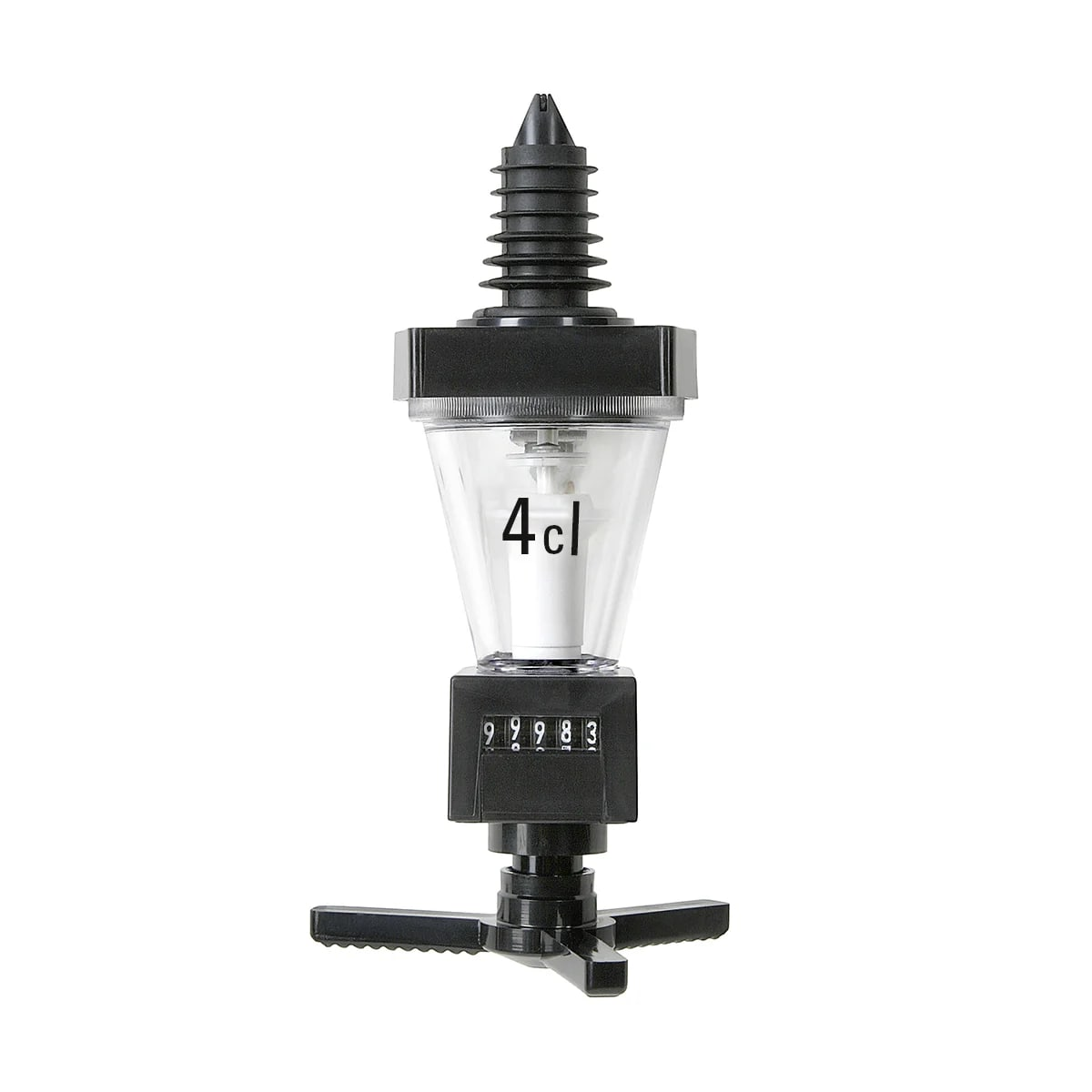 Un erogatore di liquore nero con un contenitore trasparente conico etichettato '4cl'. Ha un contatore e una base con gambe.