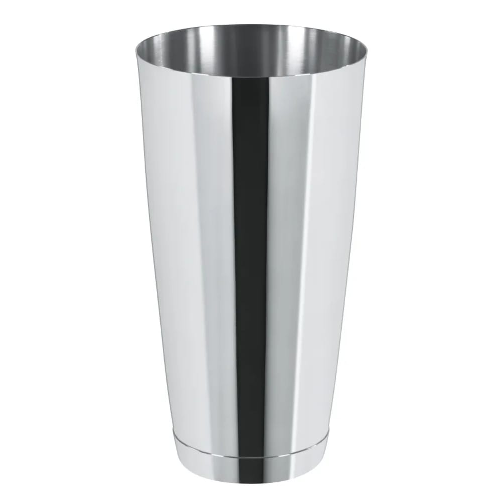 Uno shaker per cocktail lucido in acciaio inossidabile. È cilindrico con la parte superiore svasata e una superficie riflettente.