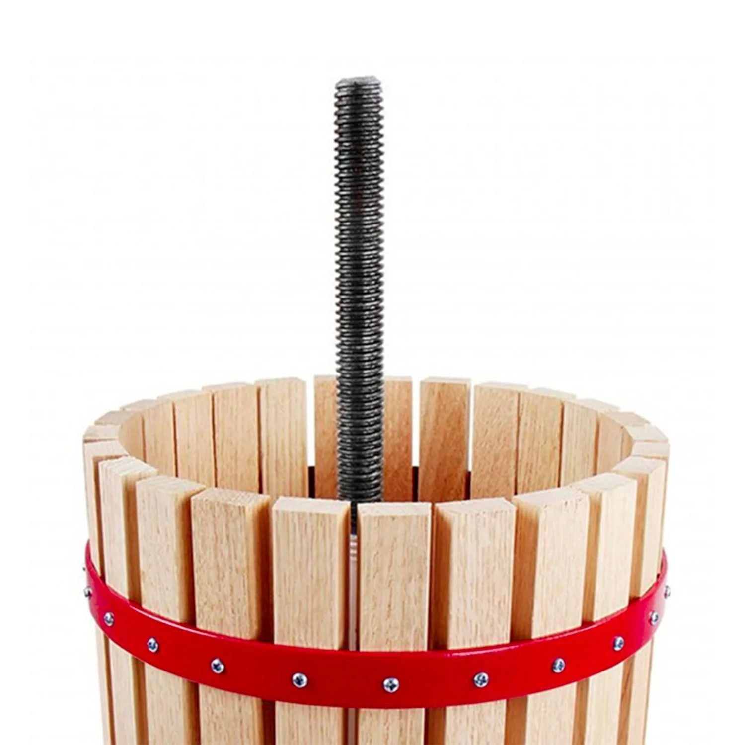 Torchio per vino in legno con fasce rosse e un'asta filettata centrale. La pressa è fatta di doghe di legno.