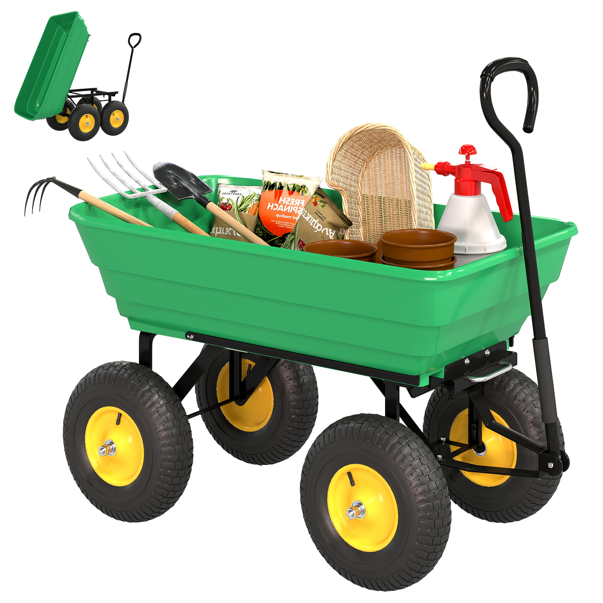 Carrello da giardino verde con attrezzi, semi e annaffiatoio. Manico e ruote neri con centri gialli.