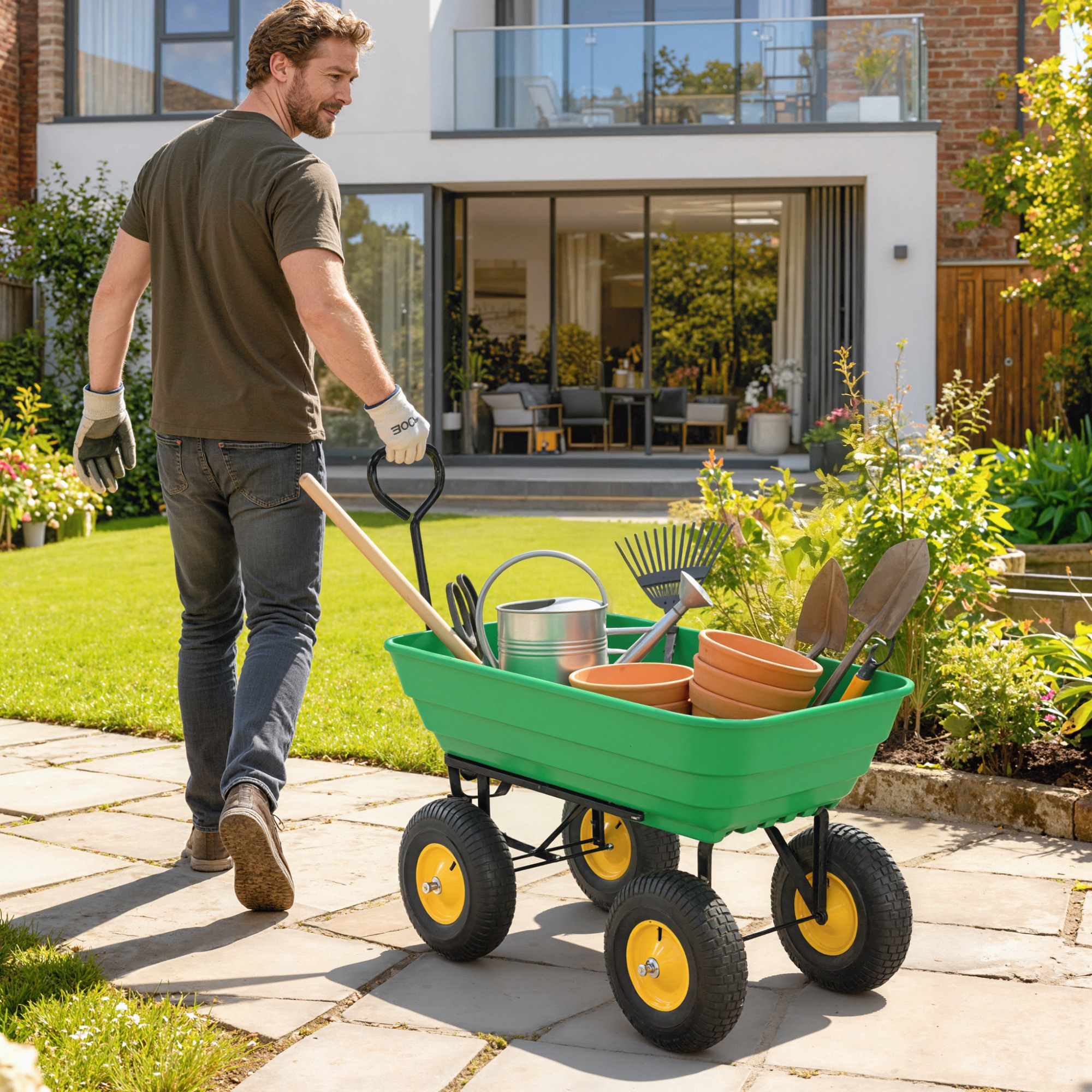 Uomo che cammina, tira un carrello verde pieno di attrezzi e vasi da giardinaggio, su un sentiero pavimentato in giardino.