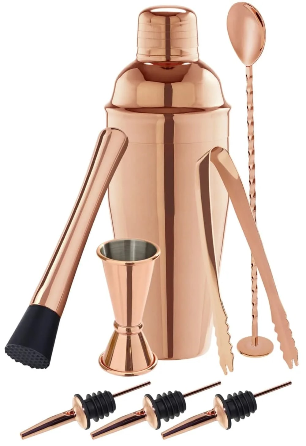 Un set da cocktail in rame include uno shaker, un pestello, un jigger, un cucchiaio da bar, pinze e beccucci. Tutti gli strumenti sono color rame.