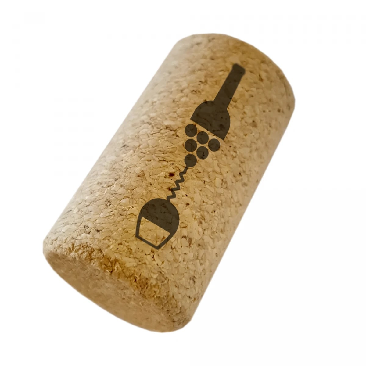 Un tappo con un disegno stampato relativo al vino. Il disegno include una bottiglia, uva e un bicchiere di vino.