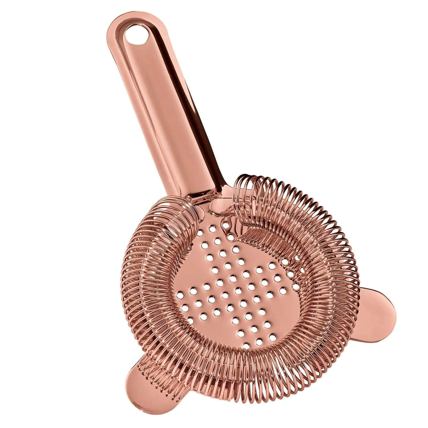Ein roségoldener Cocktail-Strainer mit langem Griff und einem kreisförmigen Siebkopf mit Feder und kleinen Löchern, auf weißem Hintergrund.