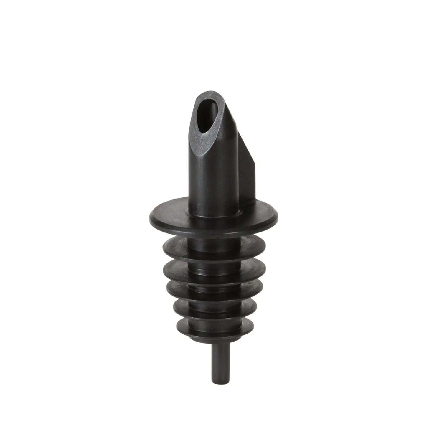 Un versatore per bottiglie di plastica nera con beccuccio stretto e design a strati, isolato su sfondo bianco.